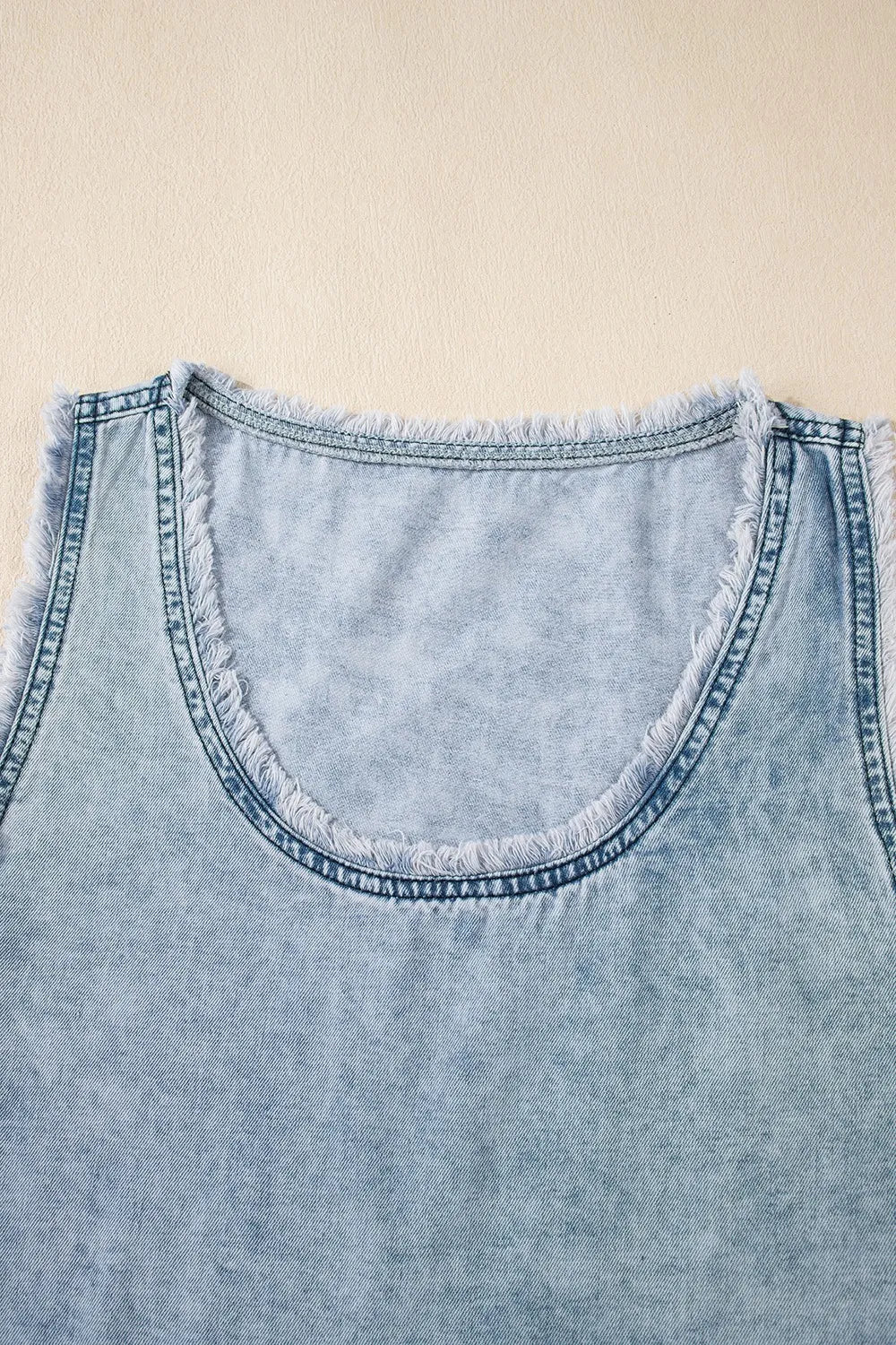 Mineral Wash Denim Frayed U Neck Sleeveless Top - Image 7