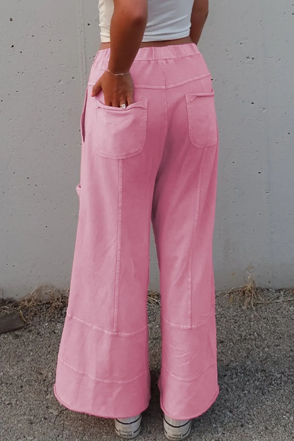 Mineral Wash Exposed Seam Drawstring High Waist Wide Leg Cargo Pants - Image 13