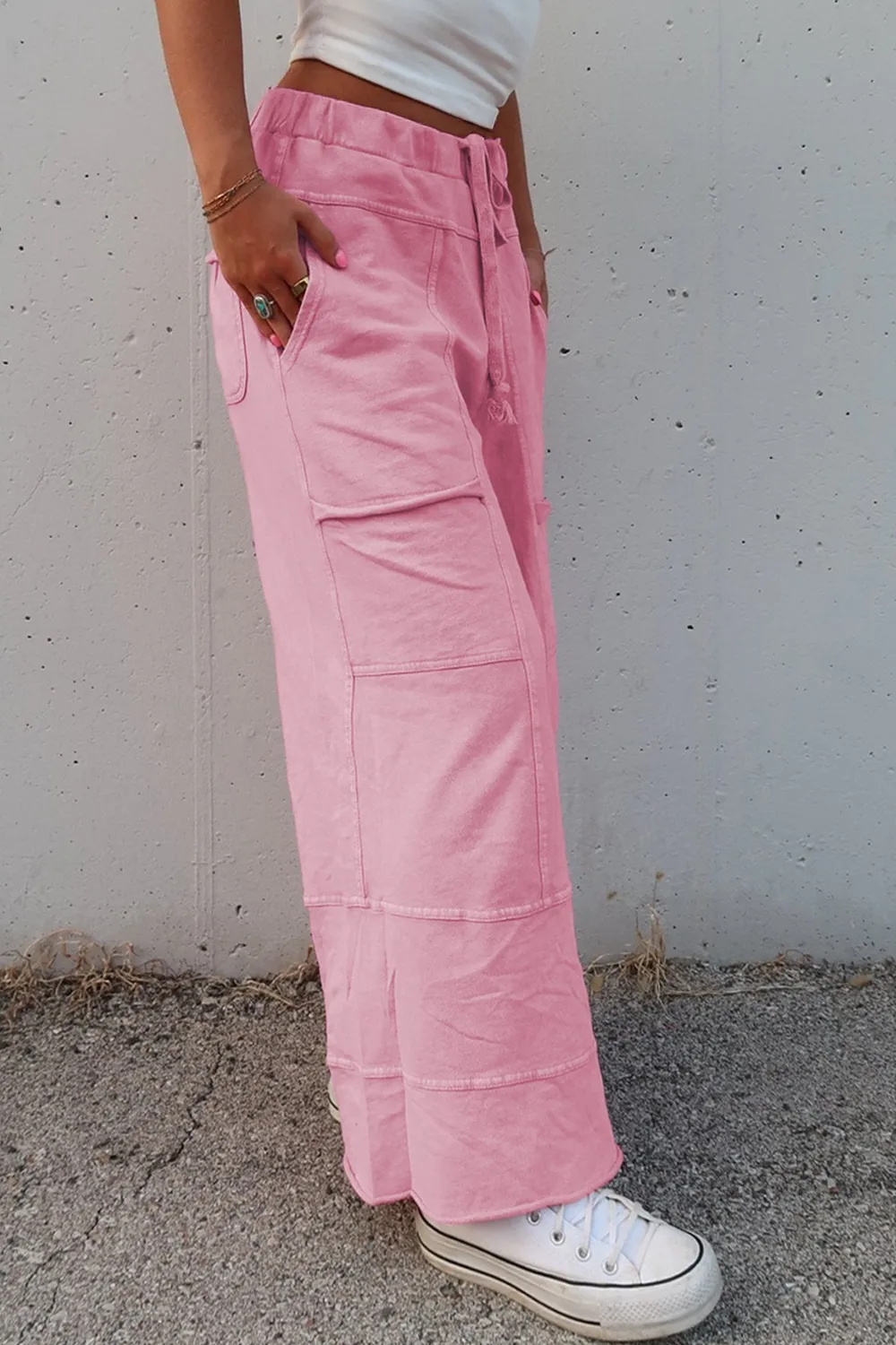 Mineral Wash Exposed Seam Drawstring High Waist Wide Leg Cargo Pants - Image 14