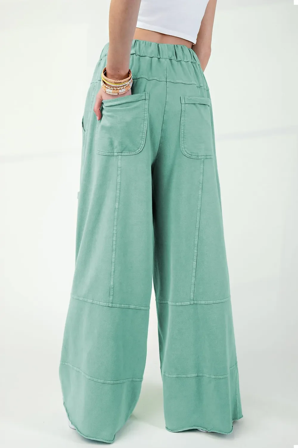 Mineral Wash Exposed Seam Drawstring High Waist Wide Leg Cargo Pants - Image 2