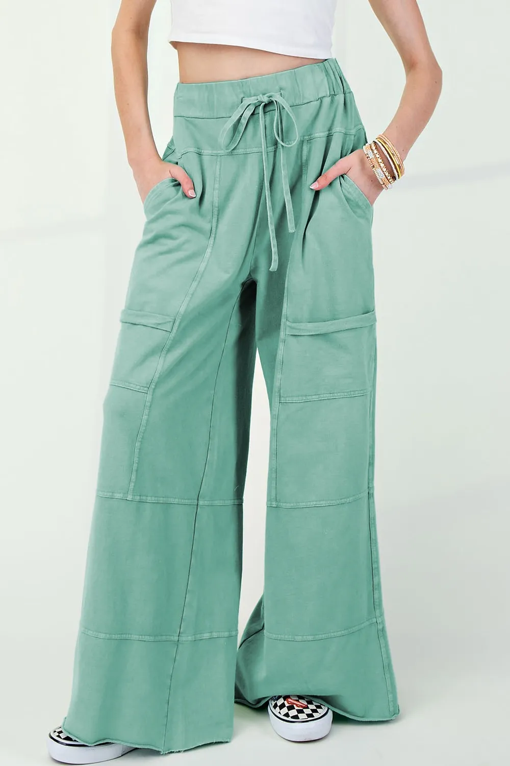 Mineral Wash Exposed Seam Drawstring High Waist Wide Leg Cargo Pants - Image 3