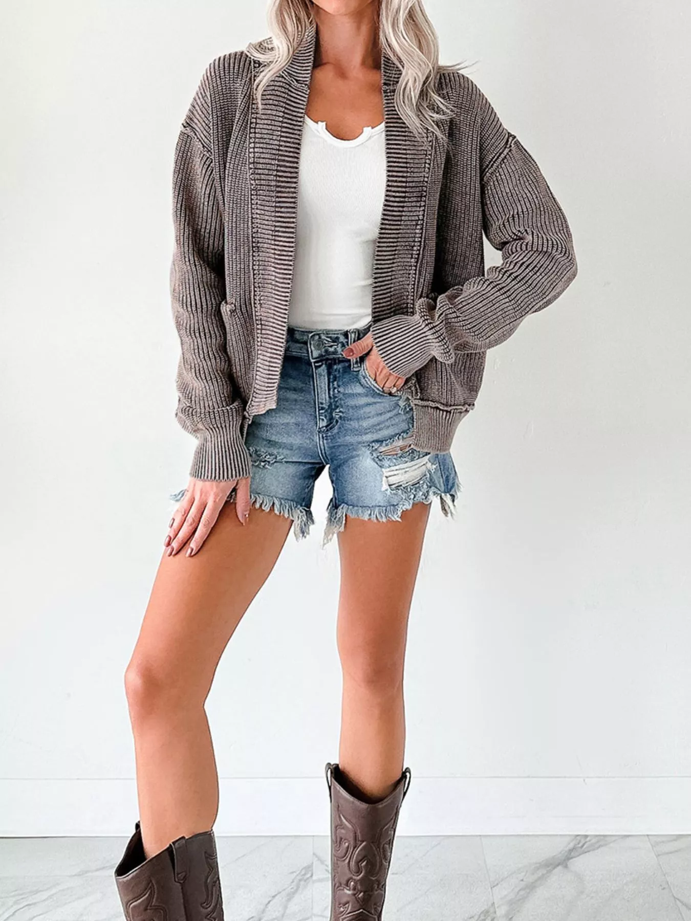 Mineral Wash Exposed Seam Patchwork Knit Open Sweater Cardigan - Image 6