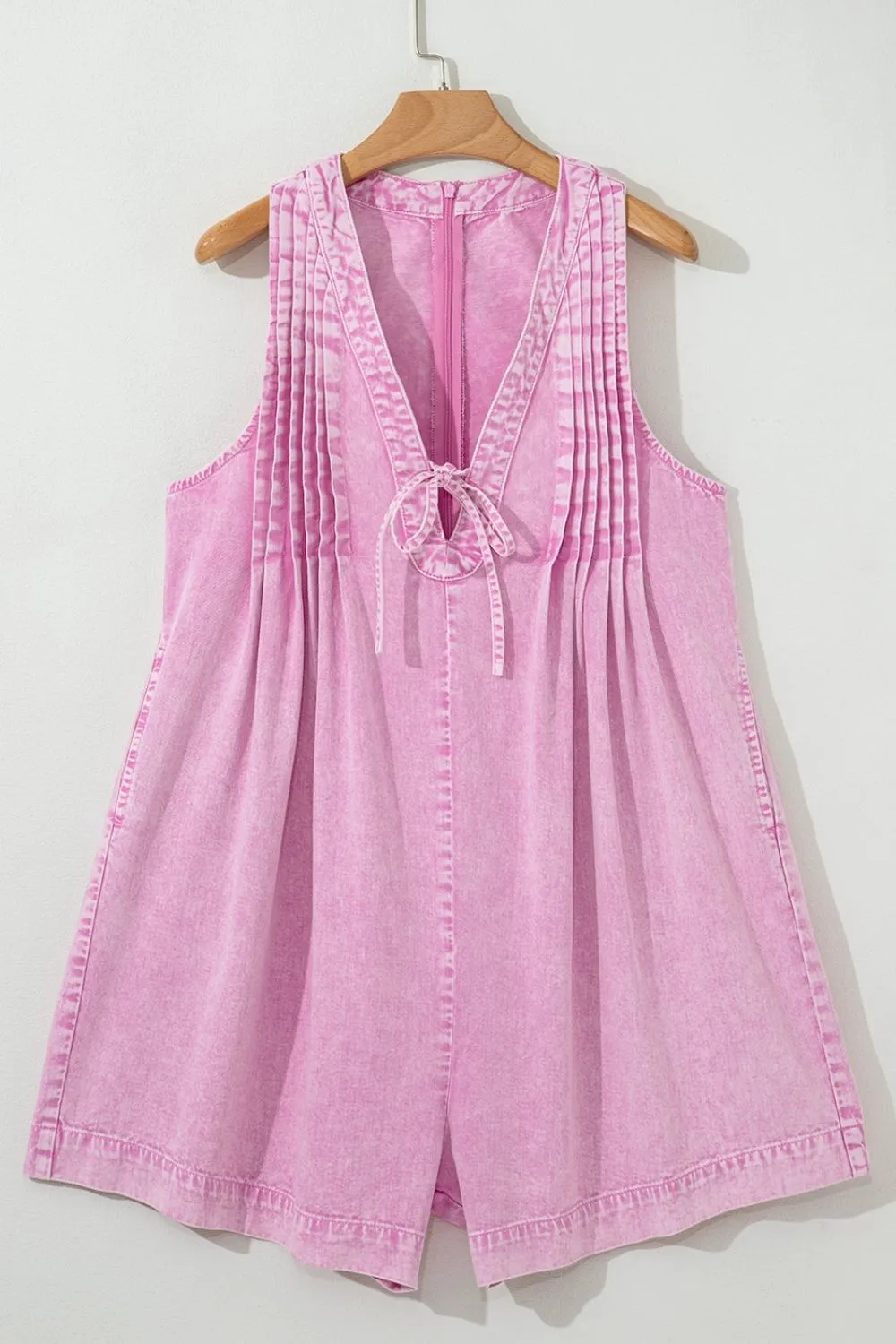 Mineral Wash Pleated Bust V Neck Sleeveless Denim Romper - Image 3