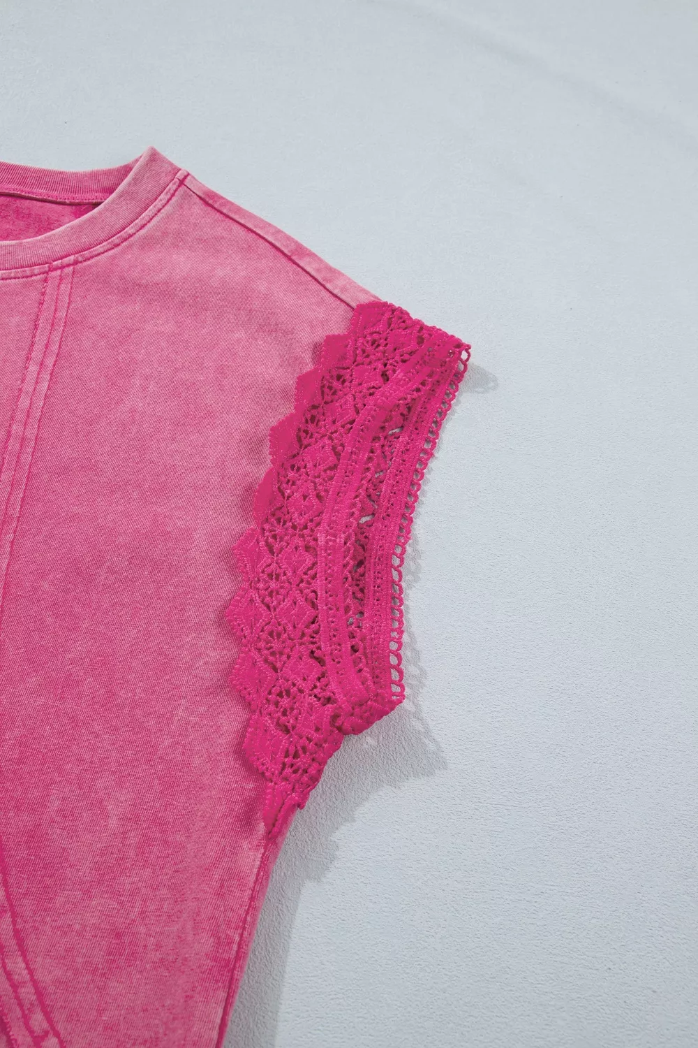 Mineral Wash Raw Seam Detail Lace Trim Cap Sleeve Top - Image 10