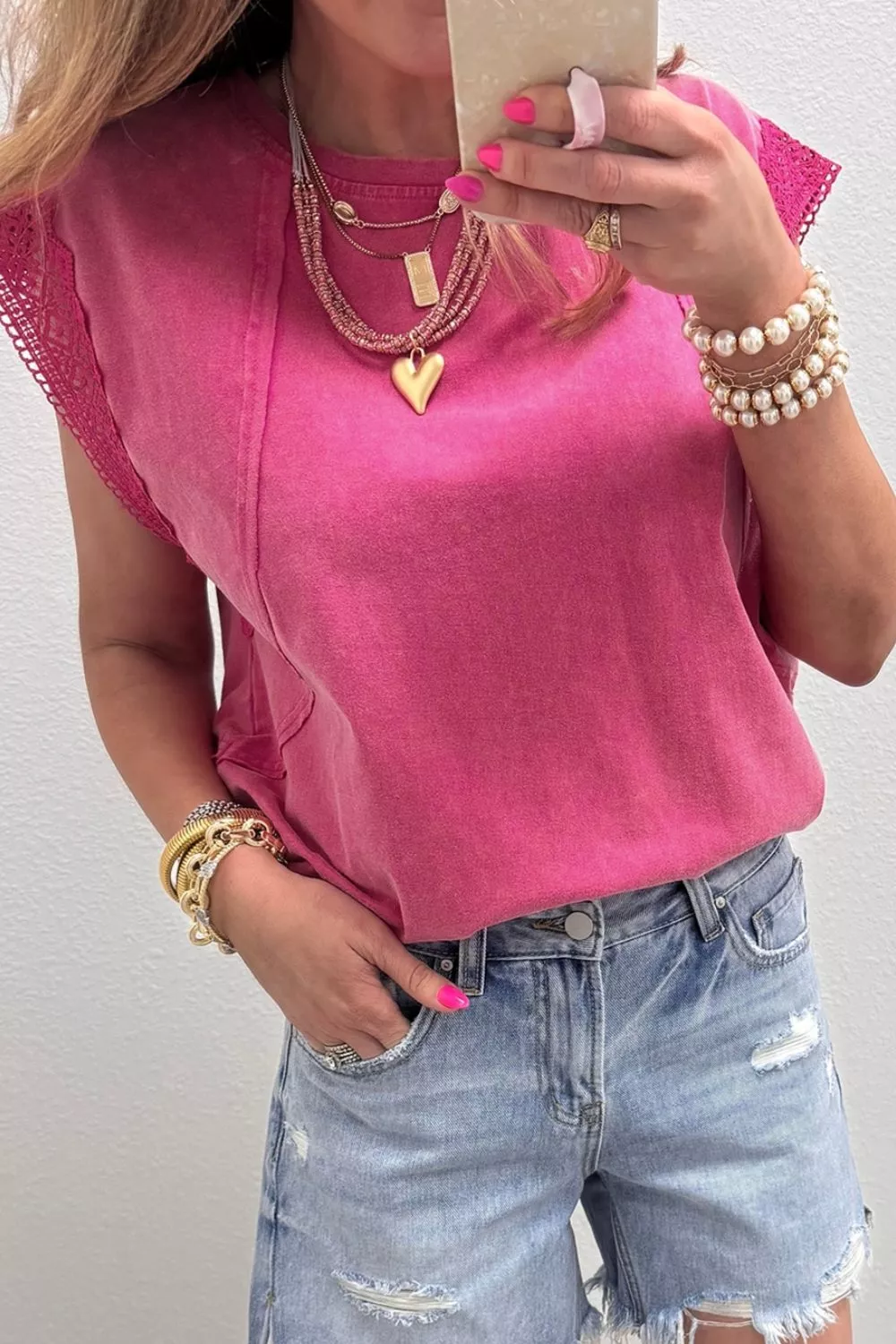 Mineral Wash Raw Seam Detail Lace Trim Cap Sleeve Top - Image 4