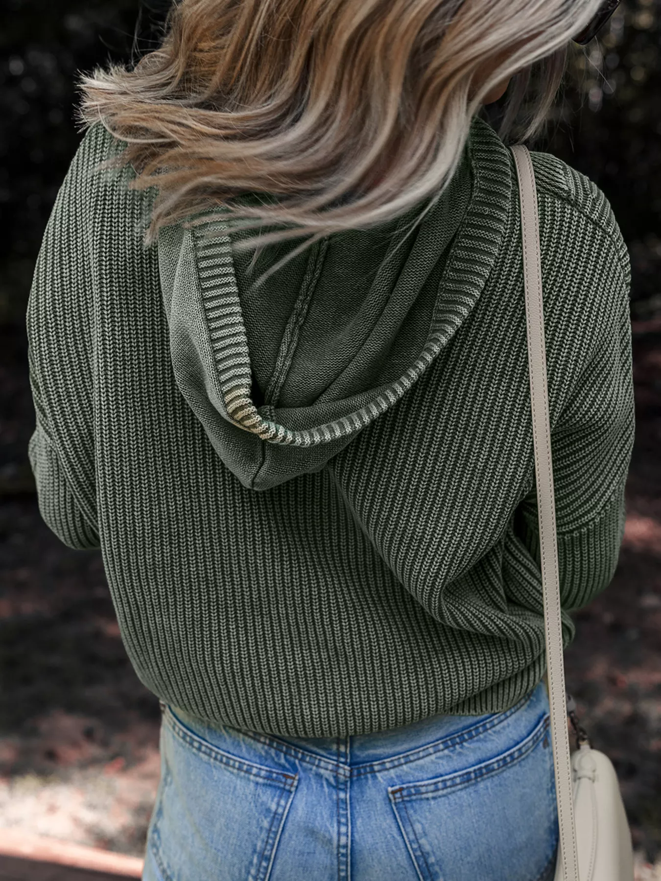Mineral Wash Ribbed Knit Button Drawstring Neck Hooded Sweater - Image 4