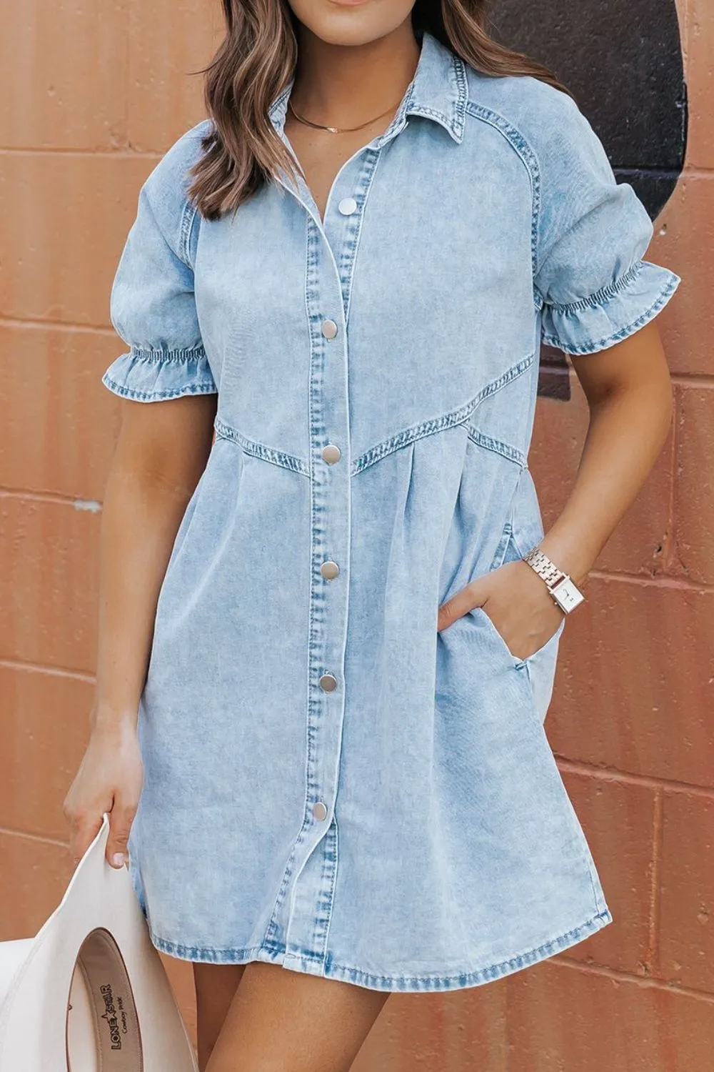 Mineral Wash Ruffle Sleeve Denim Dress - Image 5