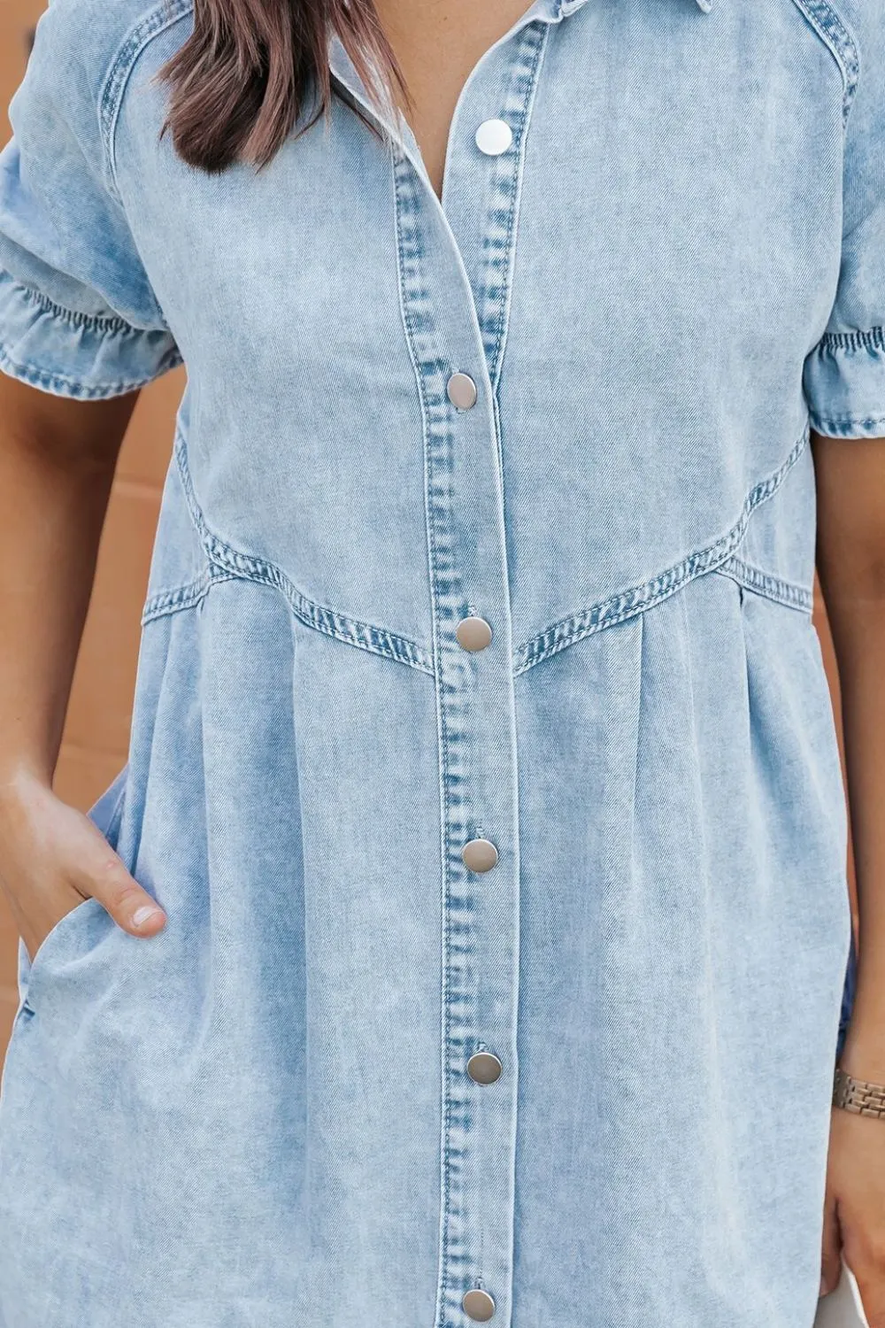 Mineral Wash Ruffle Sleeve Denim Dress - Image 7