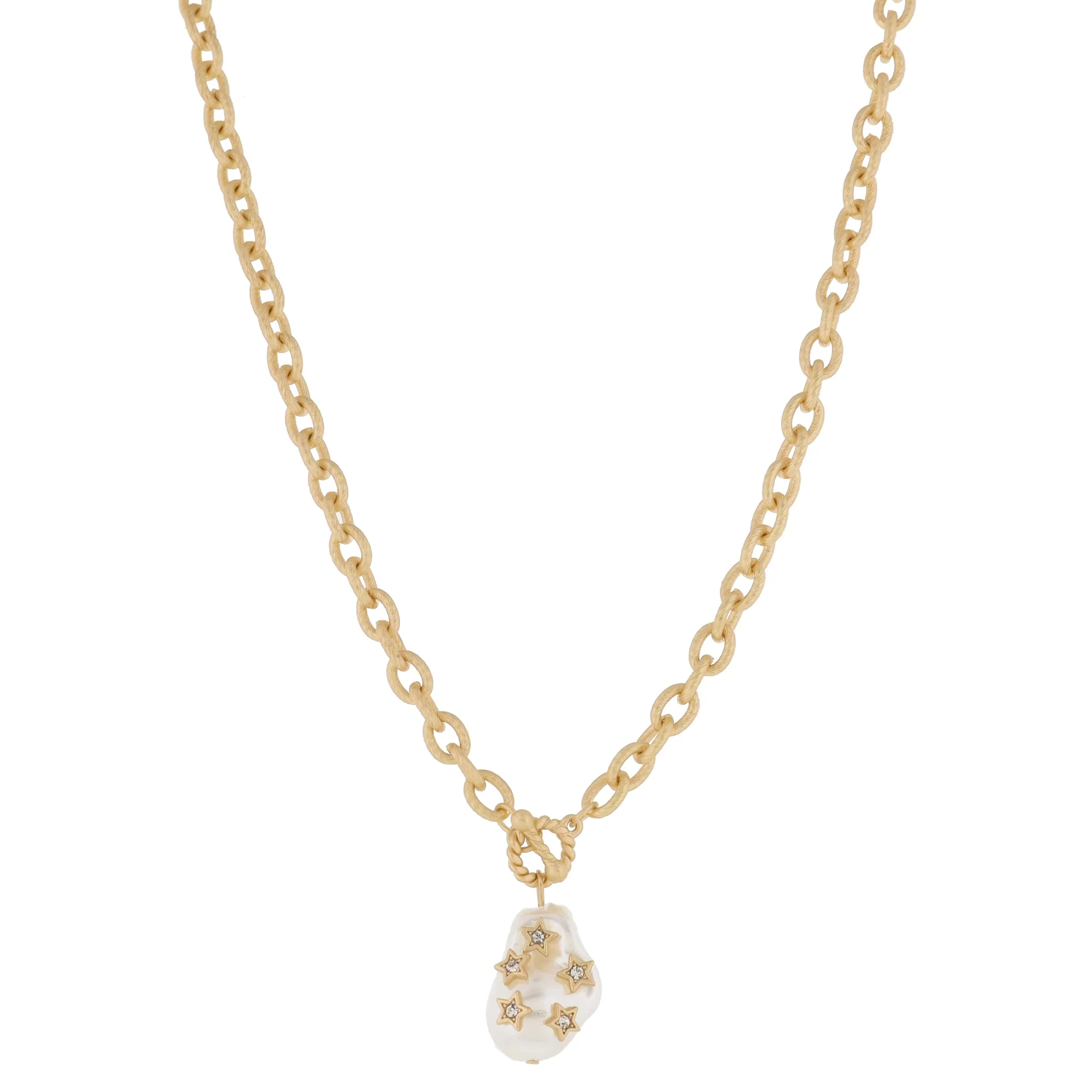 Mini Gold Twist Toggle & Natural Baroque Pearl with Gold & Crystal Stars Necklace, .85" Penant