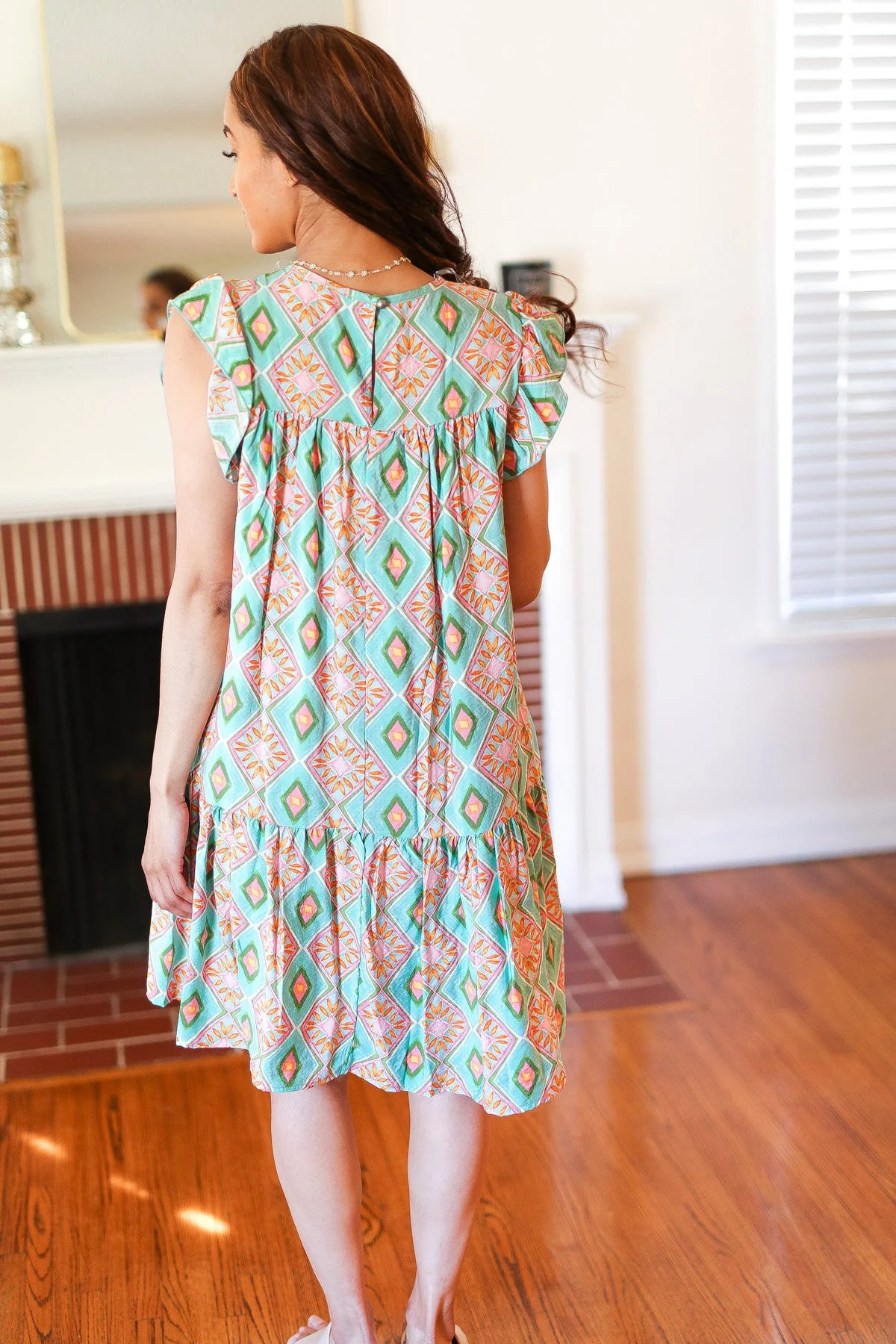 Mint Geo Boho Print Yoke Poplin Woven Dress - Image 2