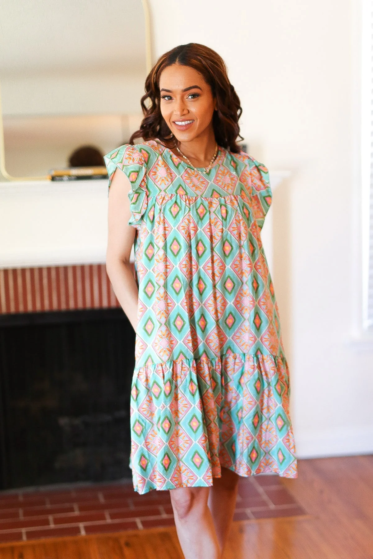 Mint Geo Boho Print Yoke Poplin Woven Dress - Image 8