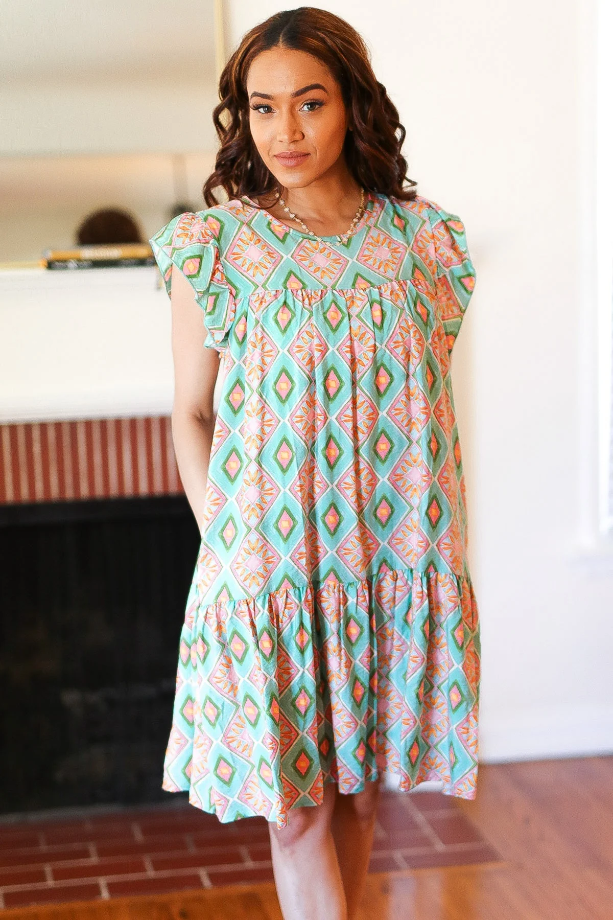 Mint Geo Boho Print Yoke Poplin Woven Dress - Image 9