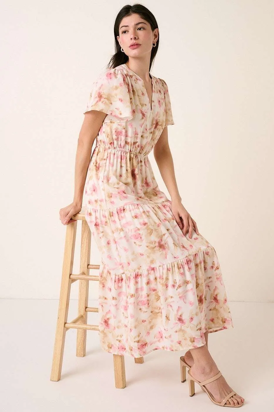 Mittoshop Flower Print Flutter Sleeve V Slit Maxi Dress - Image 4