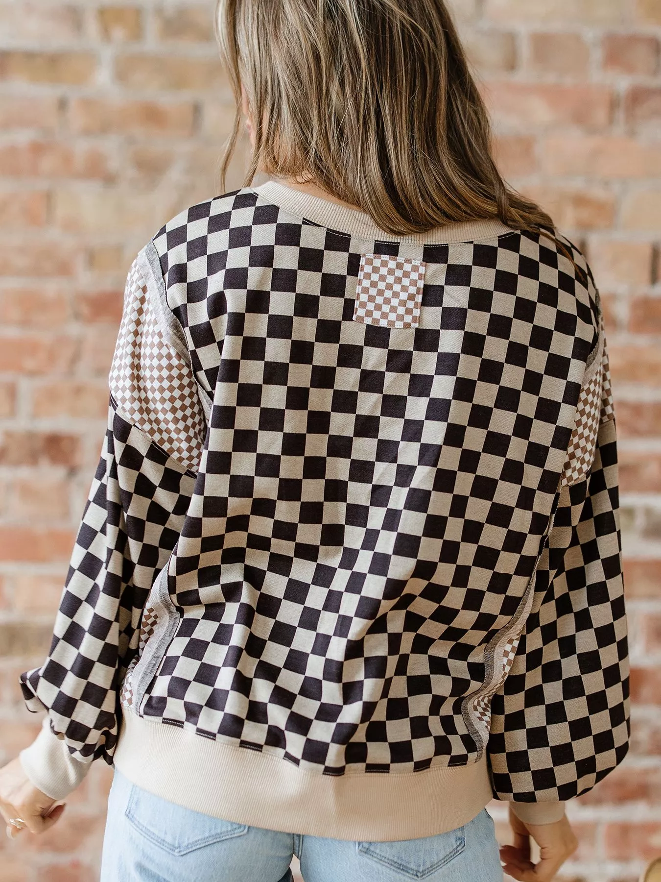 Mixed Checkered Pattern Patchwork High Low Casual Top - Image 2