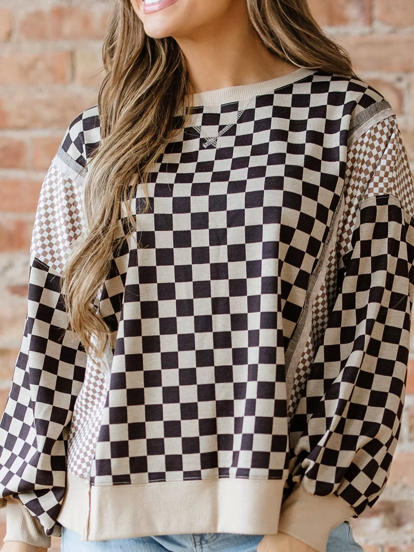Mixed Checkered Pattern Patchwork High Low Casual Top - Image 3