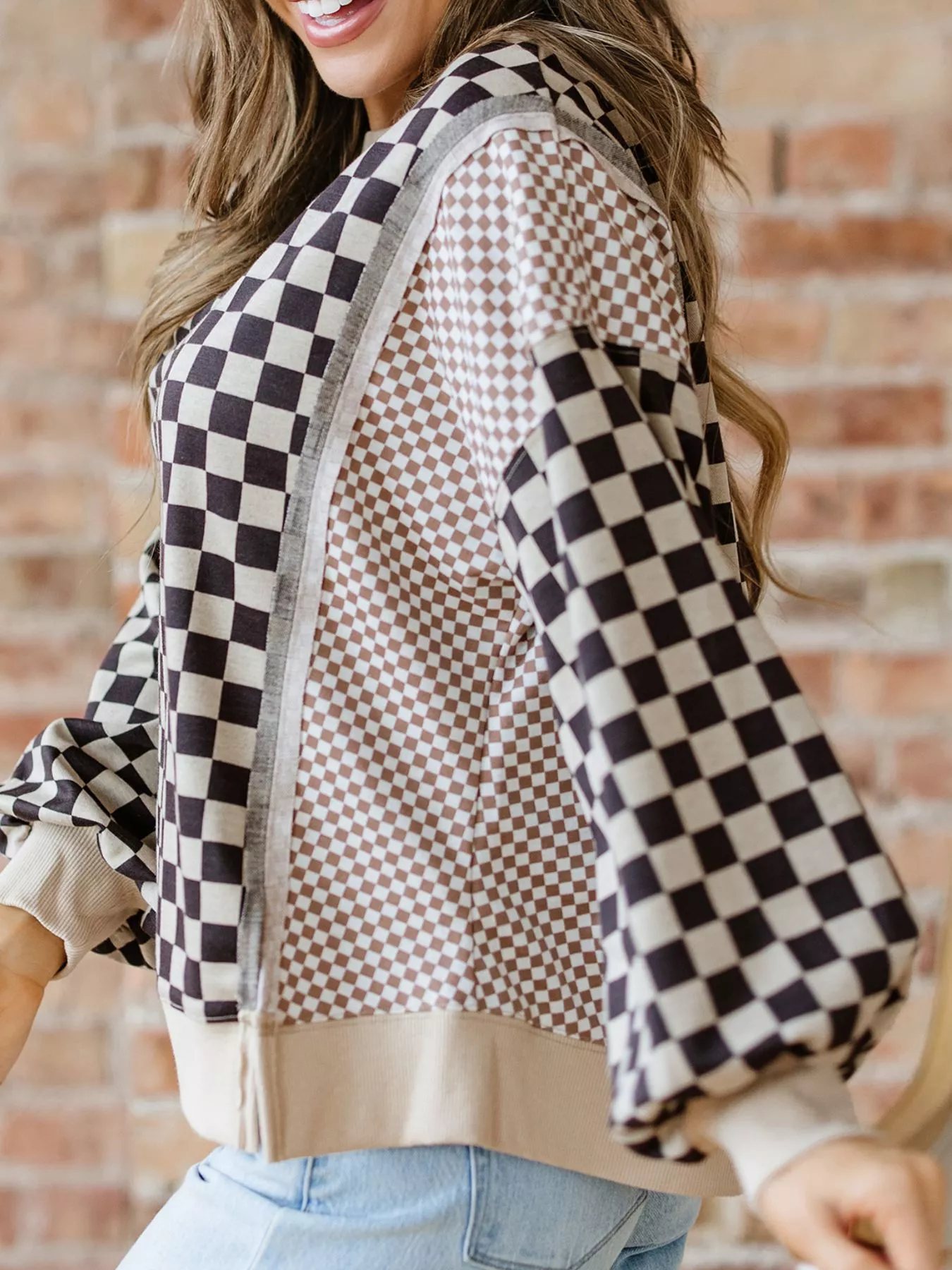 Mixed Checkered Pattern Patchwork High Low Casual Top - Image 4