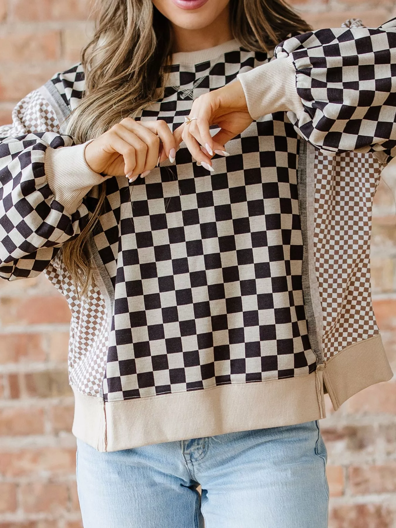 Mixed Checkered Pattern Patchwork High Low Casual Top - Image 5