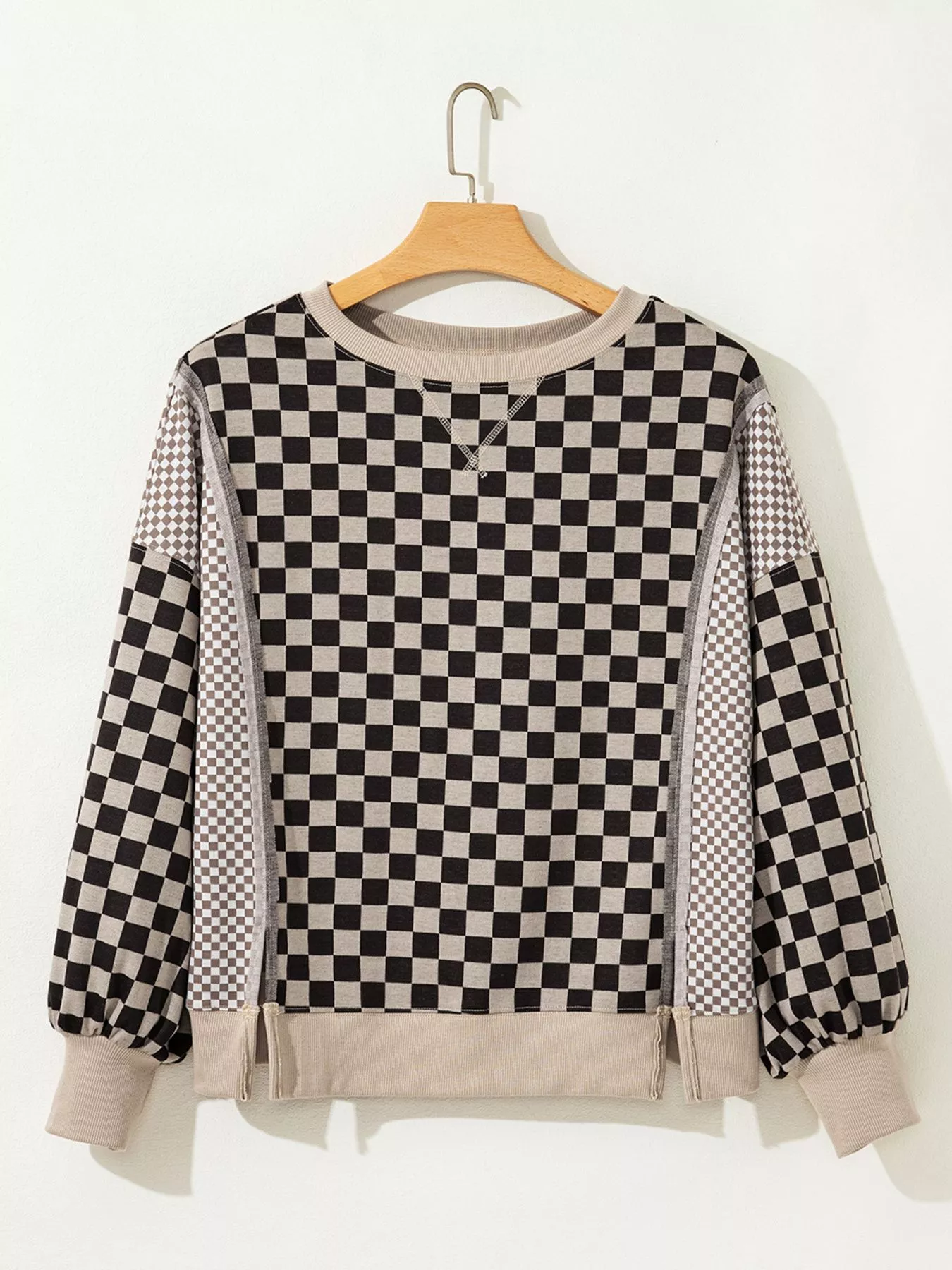 Mixed Checkered Pattern Patchwork High Low Casual Top - Image 6