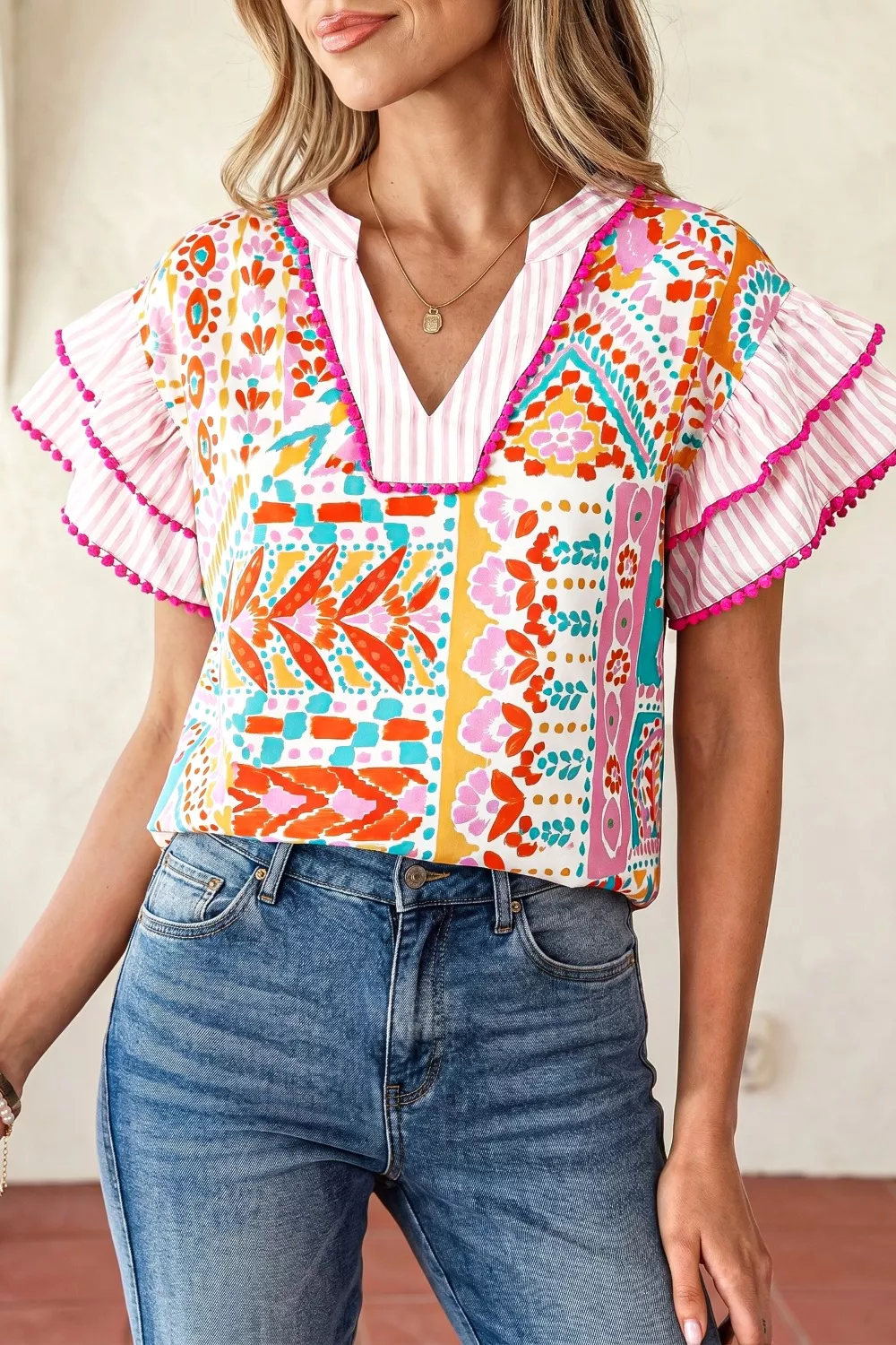 Mixed Print Contrast Trim Striped Patchwork Tiered Short Sleeve Blouse