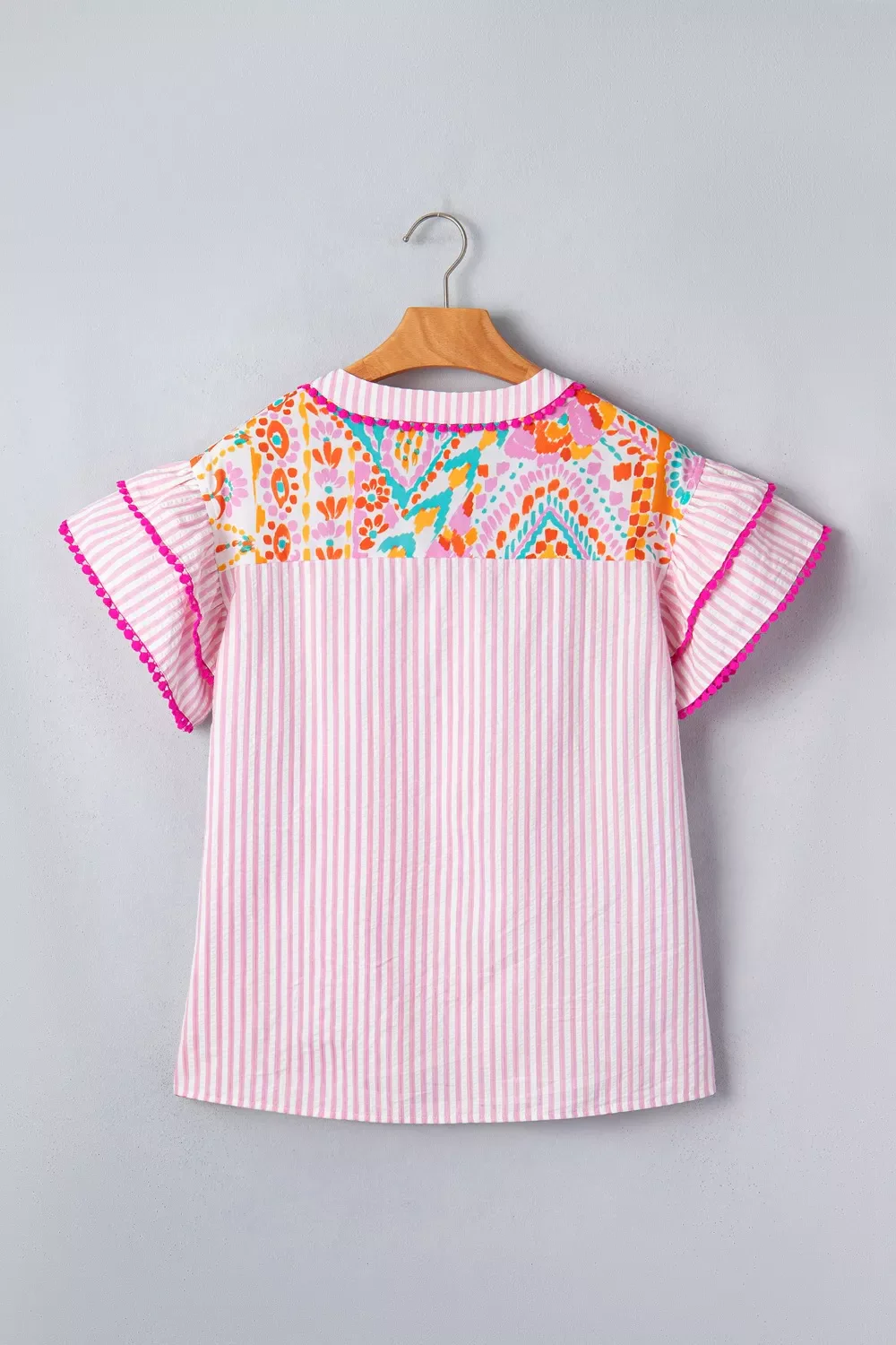 Mixed Print Contrast Trim Striped Patchwork Tiered Short Sleeve Blouse - Image 6