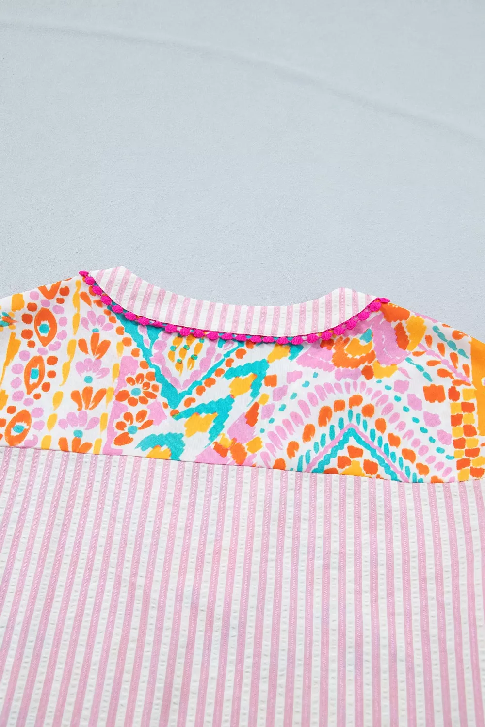 Mixed Print Contrast Trim Striped Patchwork Tiered Short Sleeve Blouse - Image 8