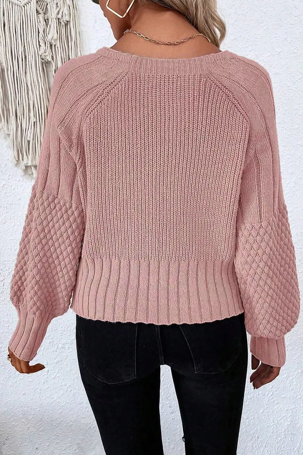Mixed Texture Knit Button V Neck Sweater Cardigan - Image 6