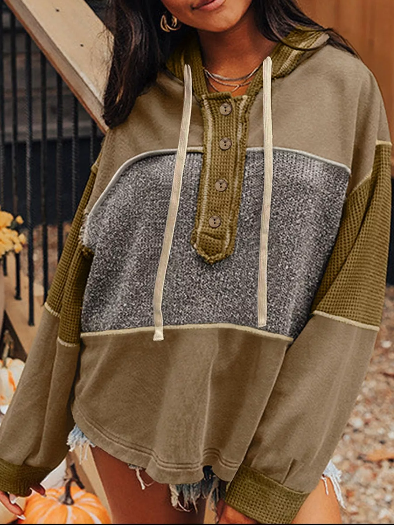 Mixed Texture Patchwork Exposed Seam Half Button Hoodie - Image 12