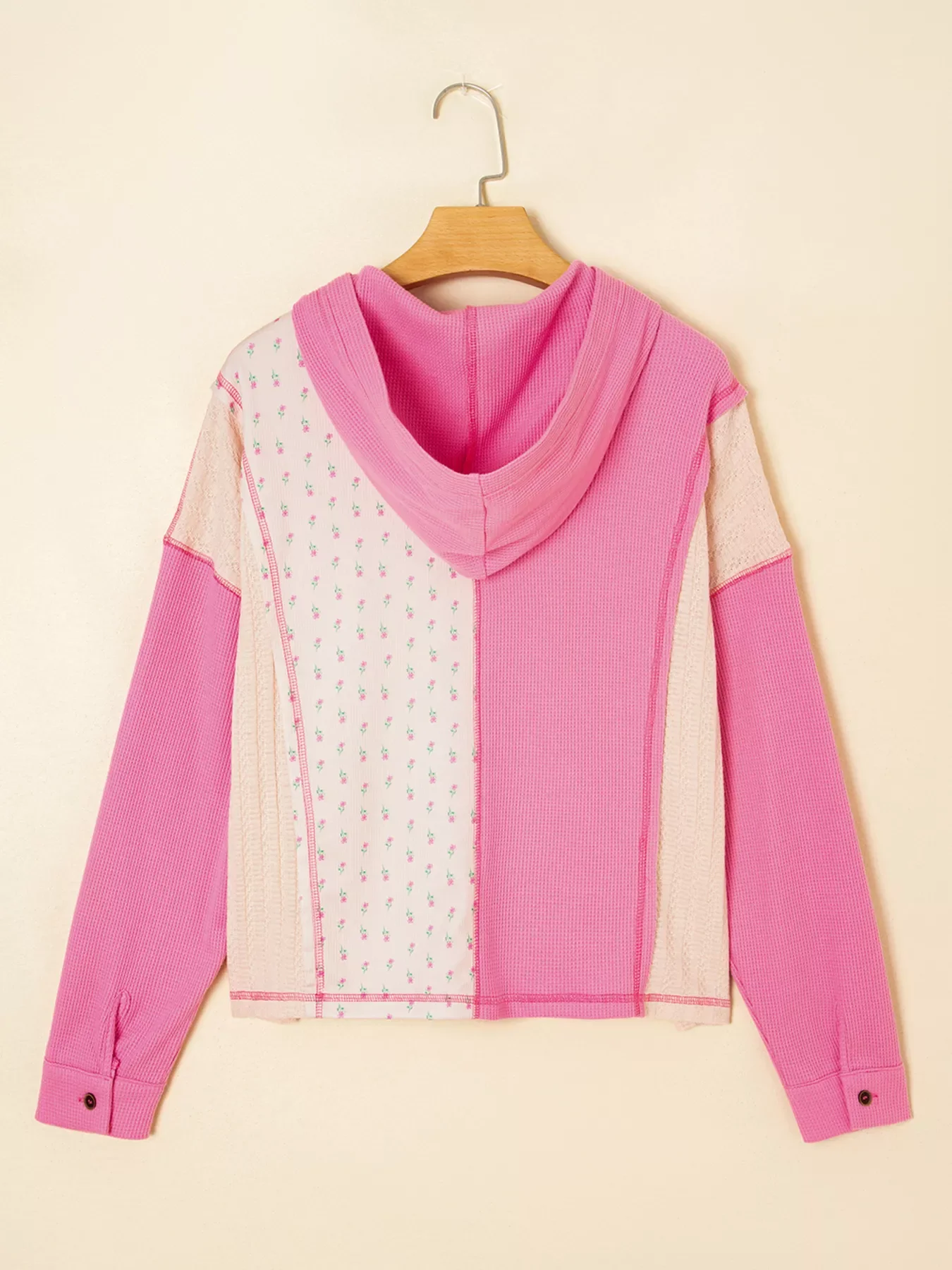Mixed Texture Waffle Floral Patchwork Hooded Oversize Pullover - Image 7