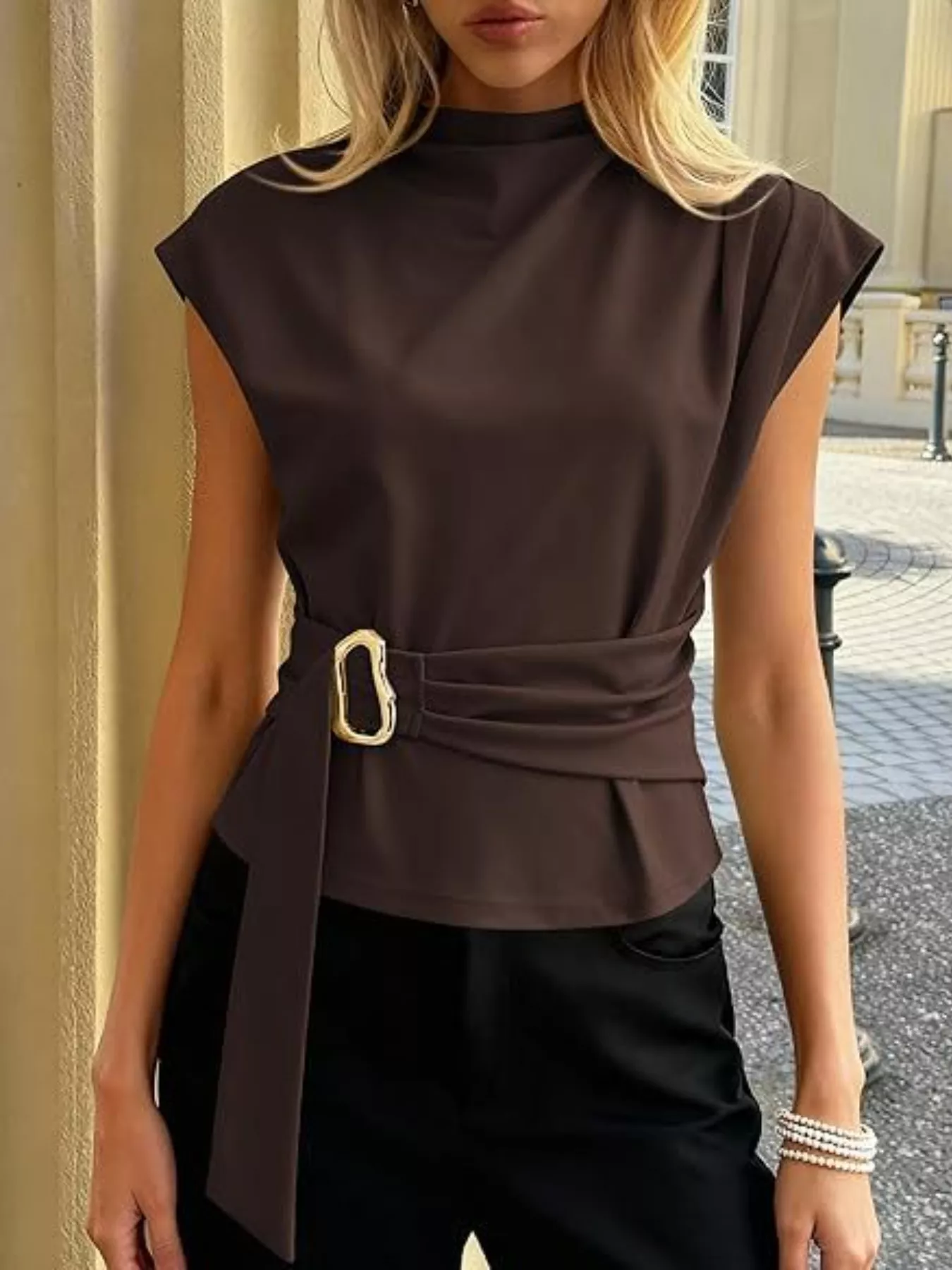 Mock Neck Cap Sleeve Buckle Top - Image 5