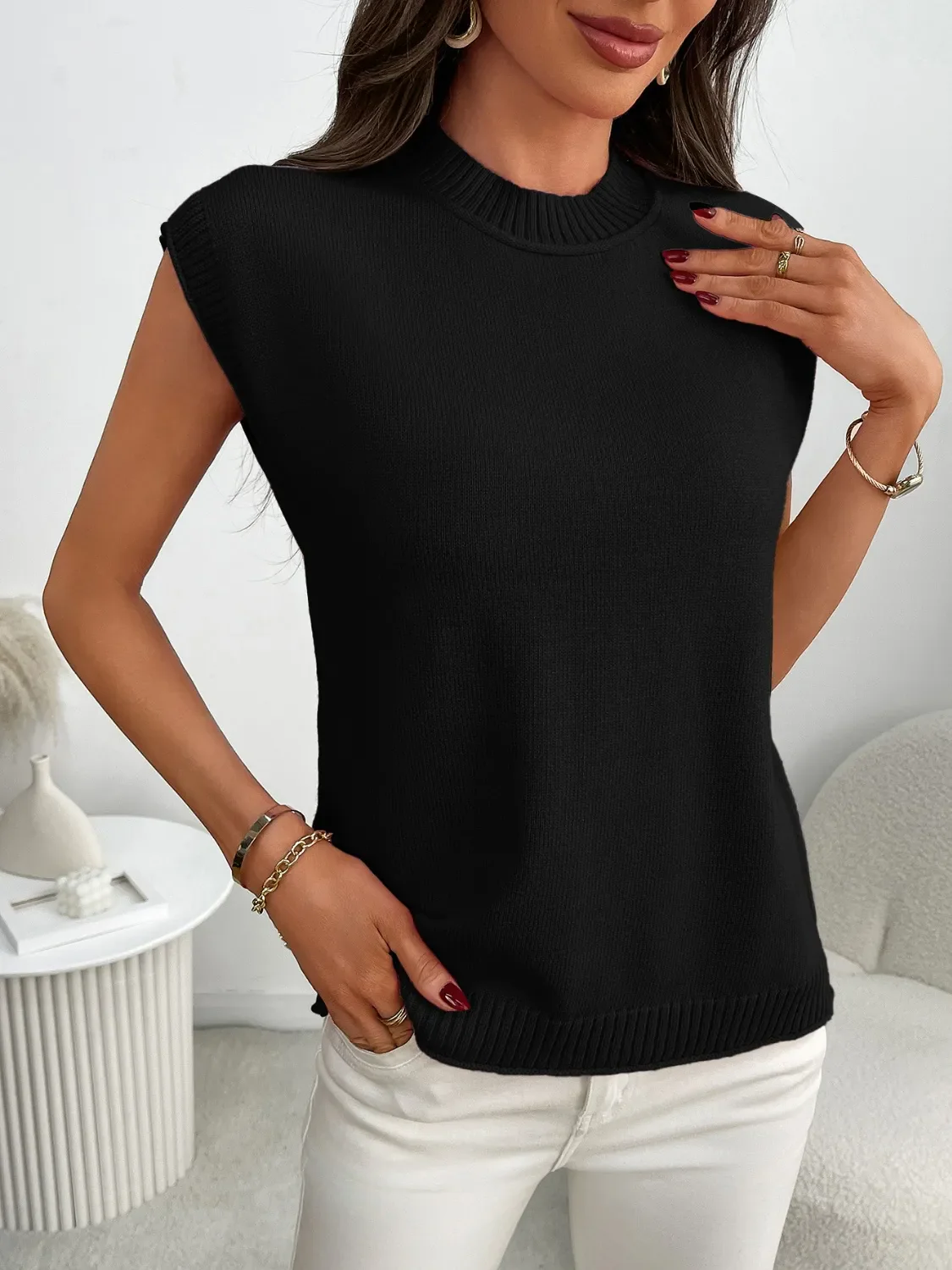 Mock Neck Cap Sleeve Knit Top - Image 14