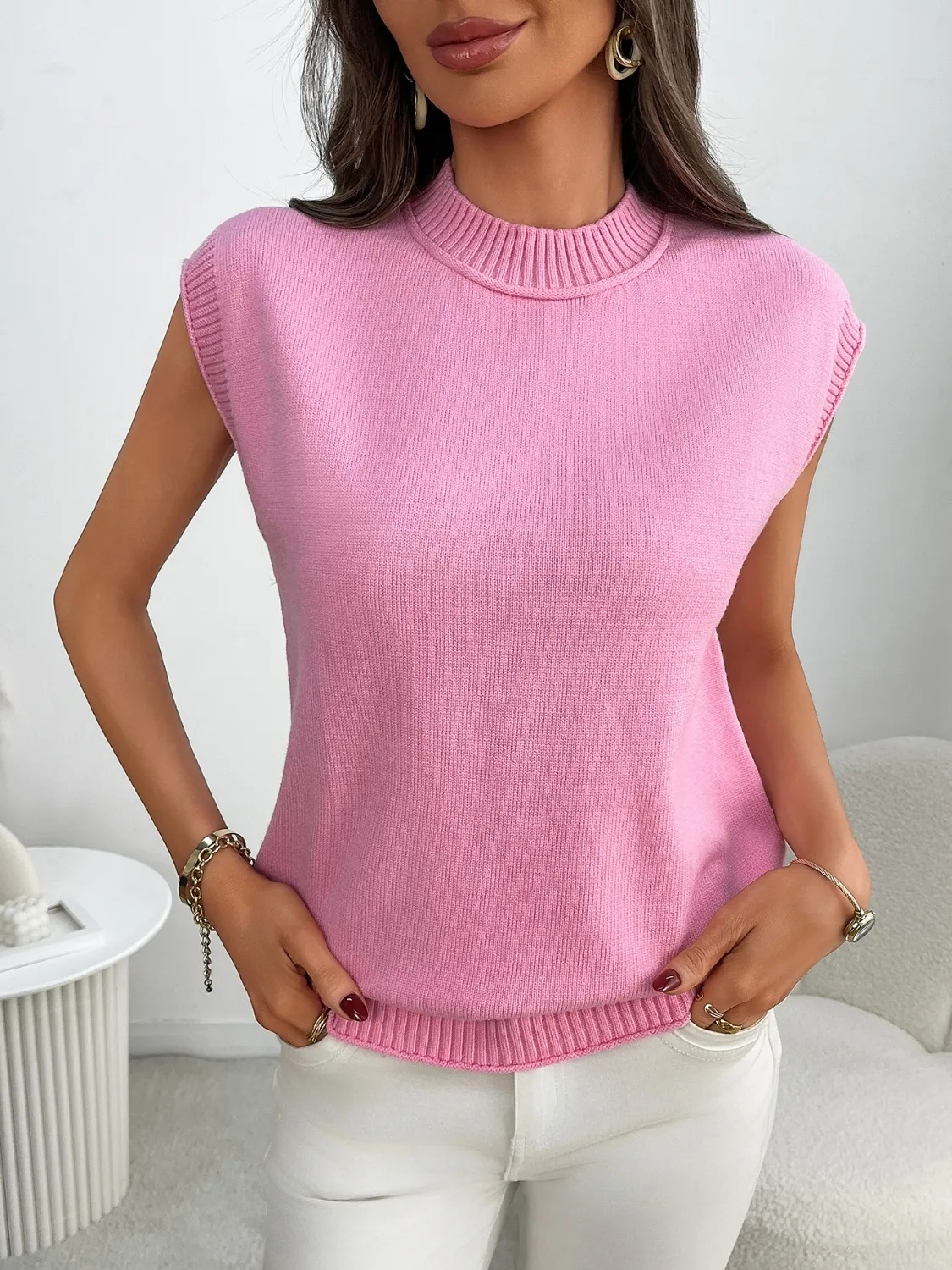 Mock Neck Cap Sleeve Knit Top - Image 4