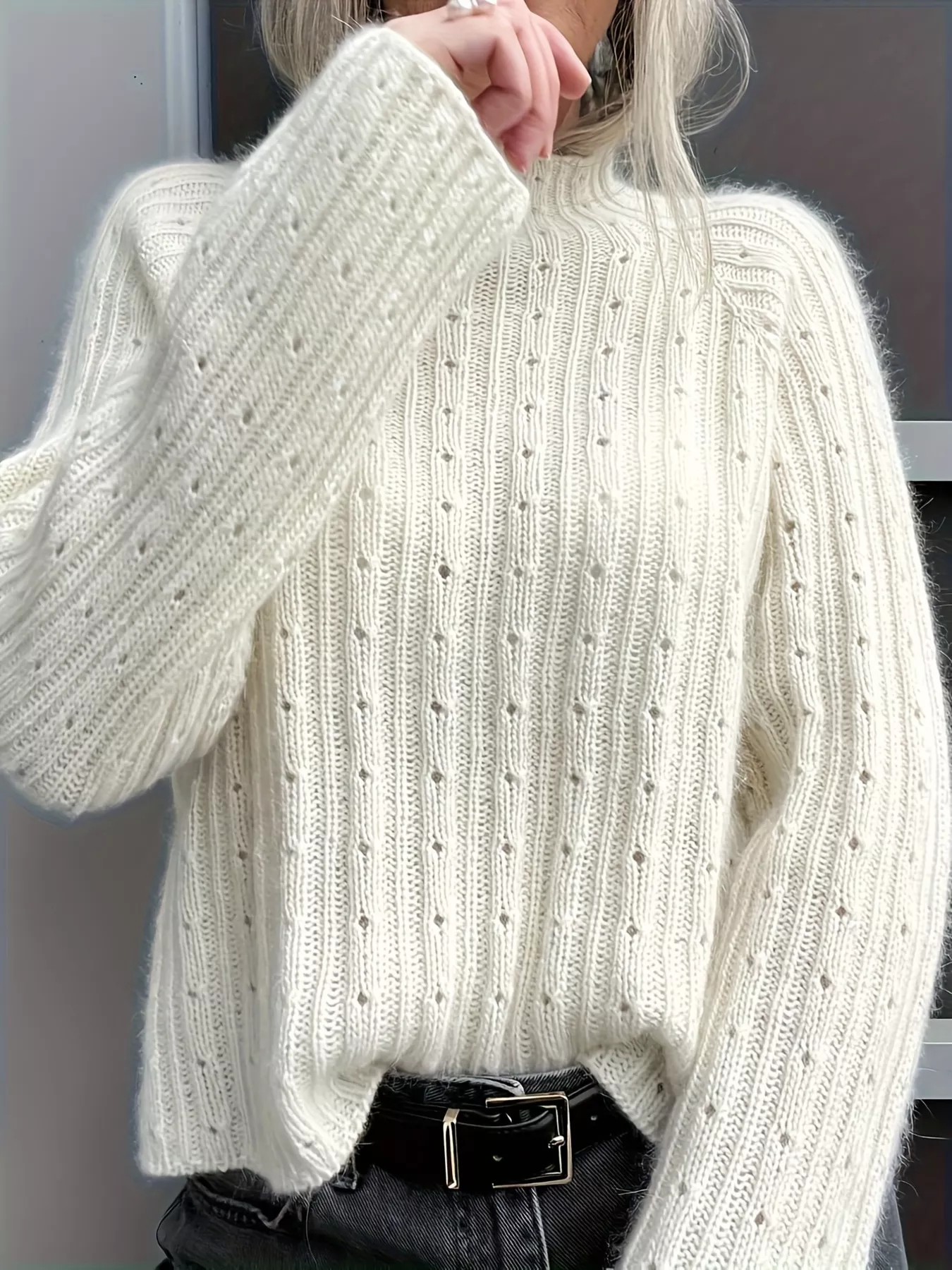 Mock Neck Eyelet Knit Top - Image 2