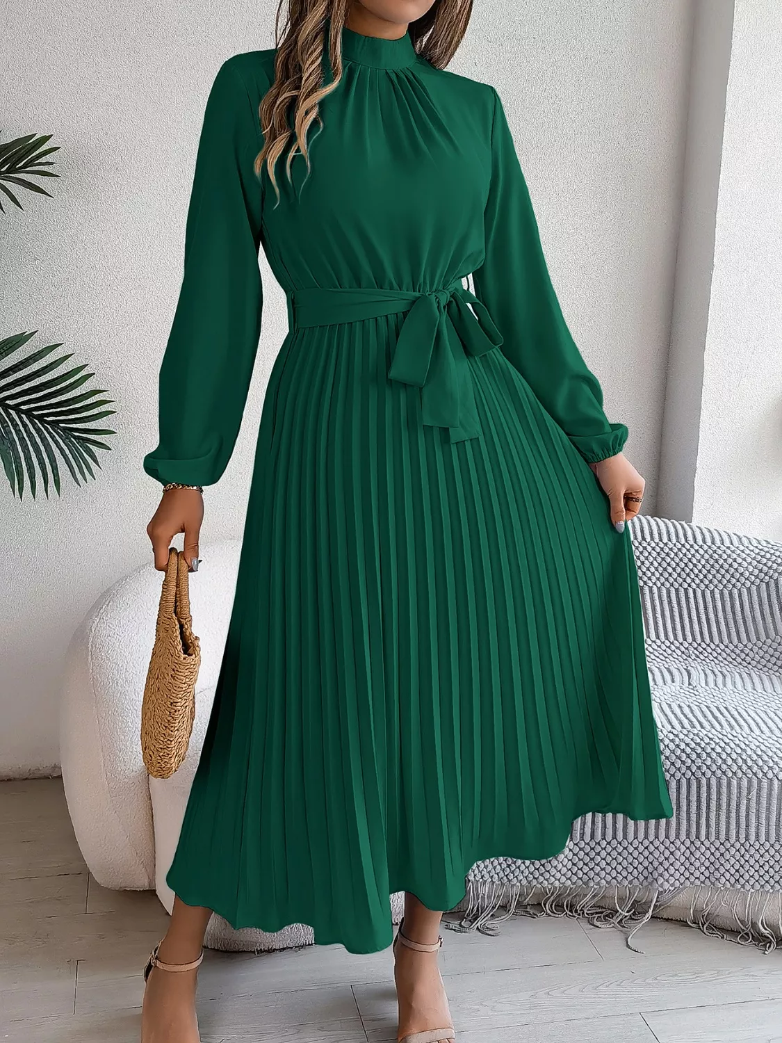 Mock Neck Pleated Midi Dress - Image 15