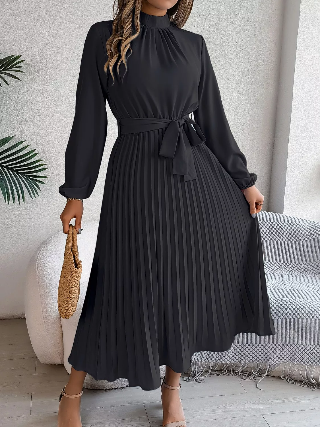 Mock Neck Pleated Midi Dress - Image 22