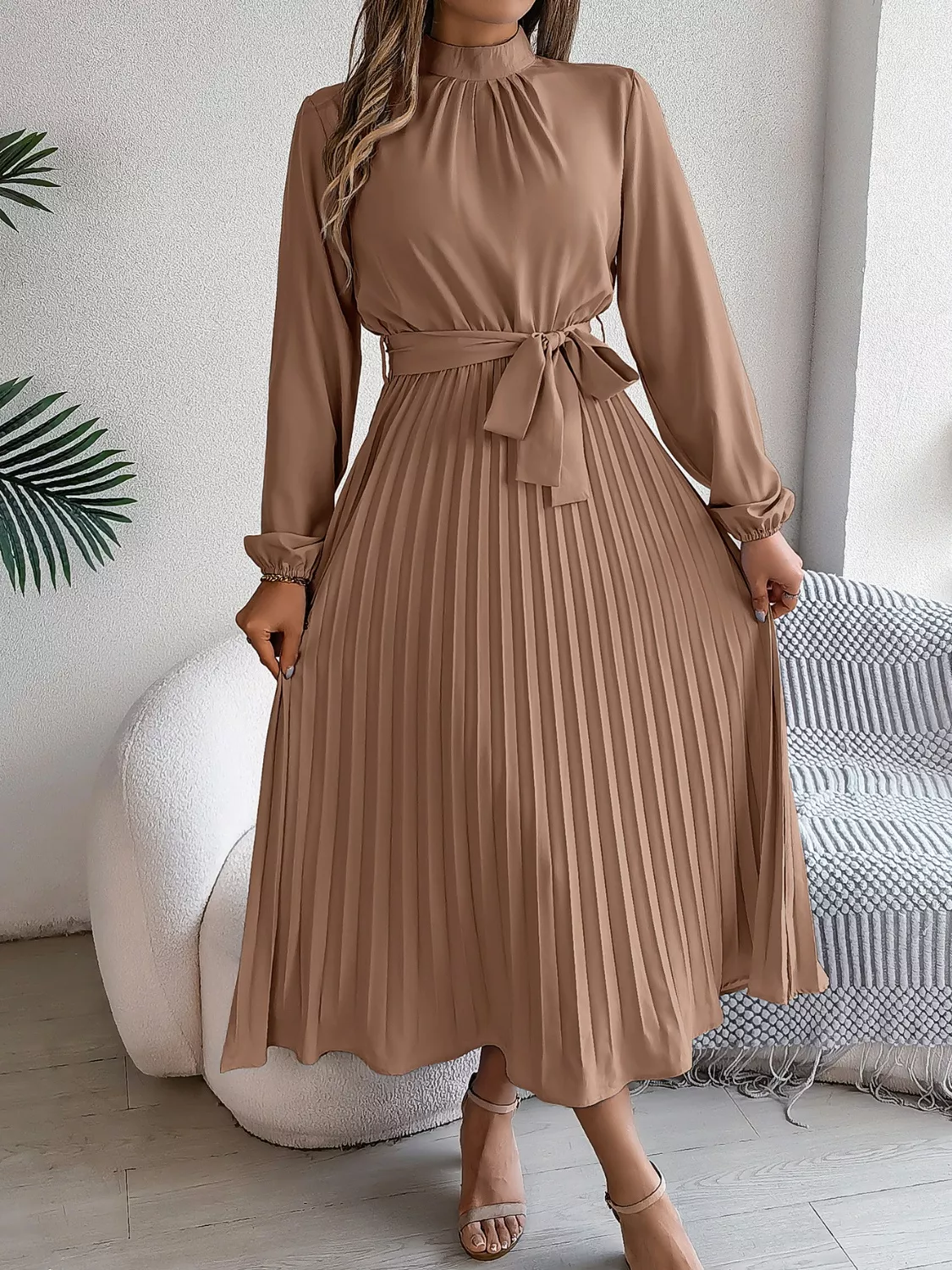 Mock Neck Pleated Midi Dress - Image 4