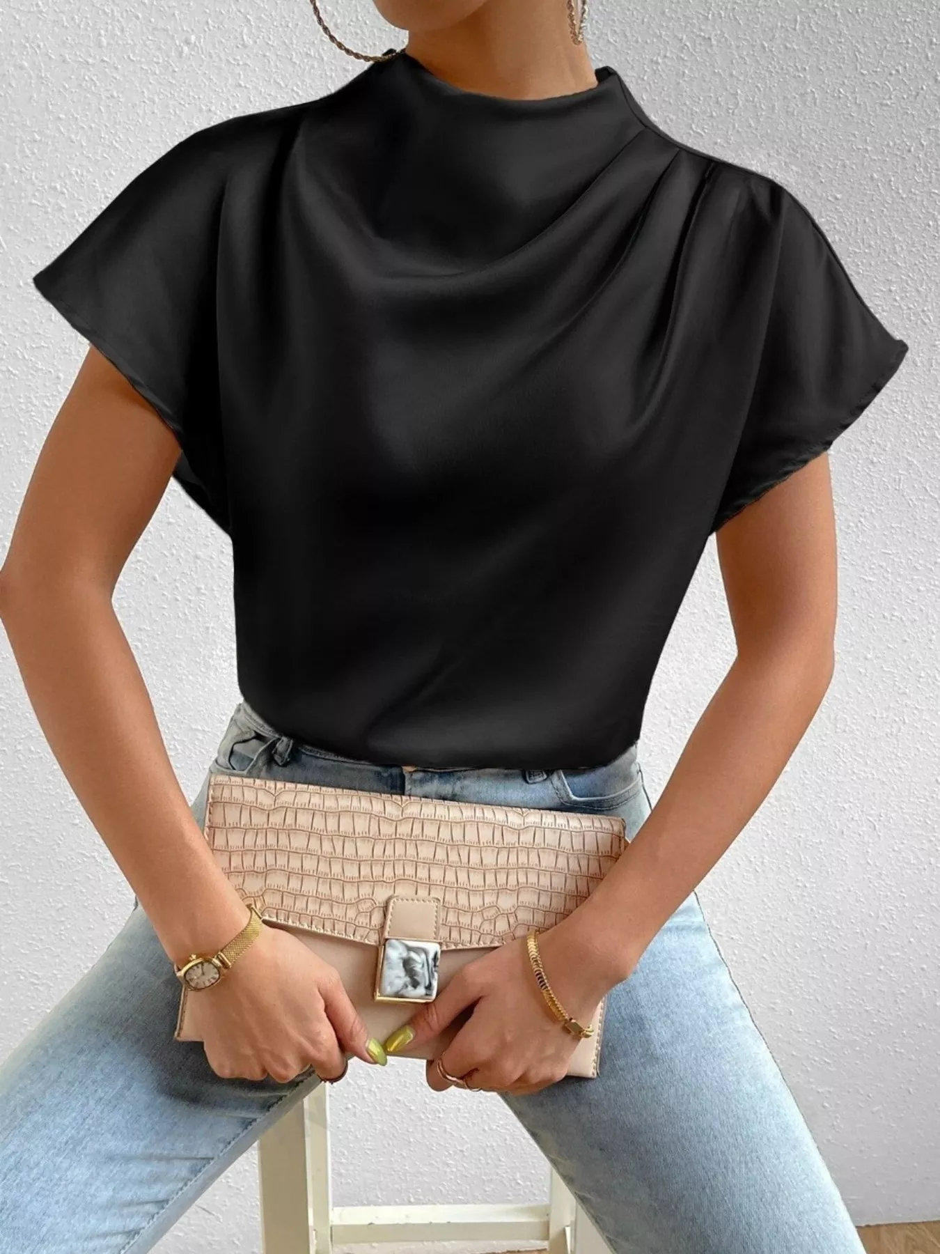 Mock Neck Satin Blouse - Image 9