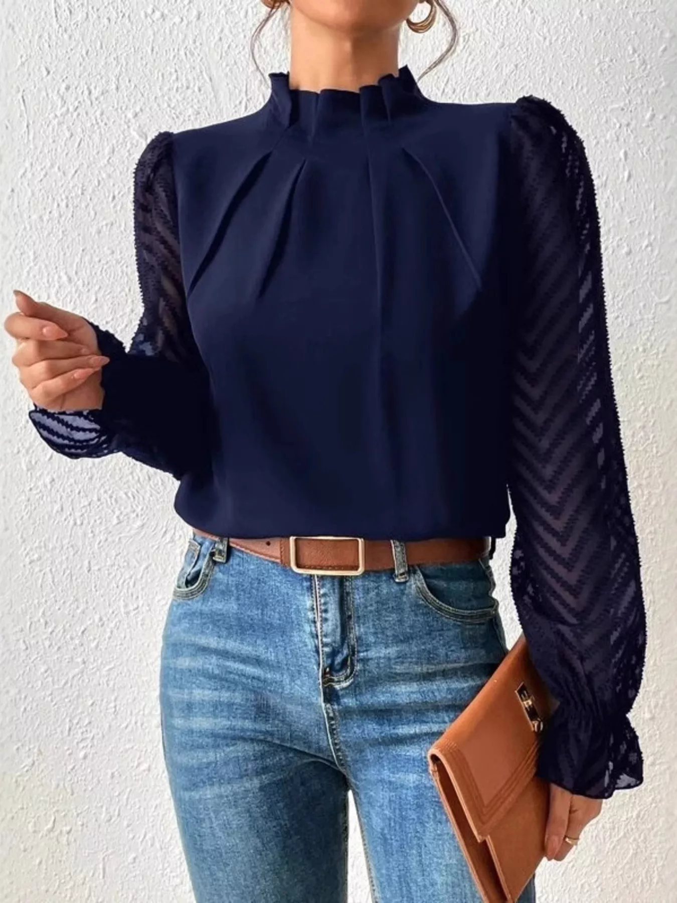 Mock Neck Sheer Lace Sleeve Blouse - Image 14