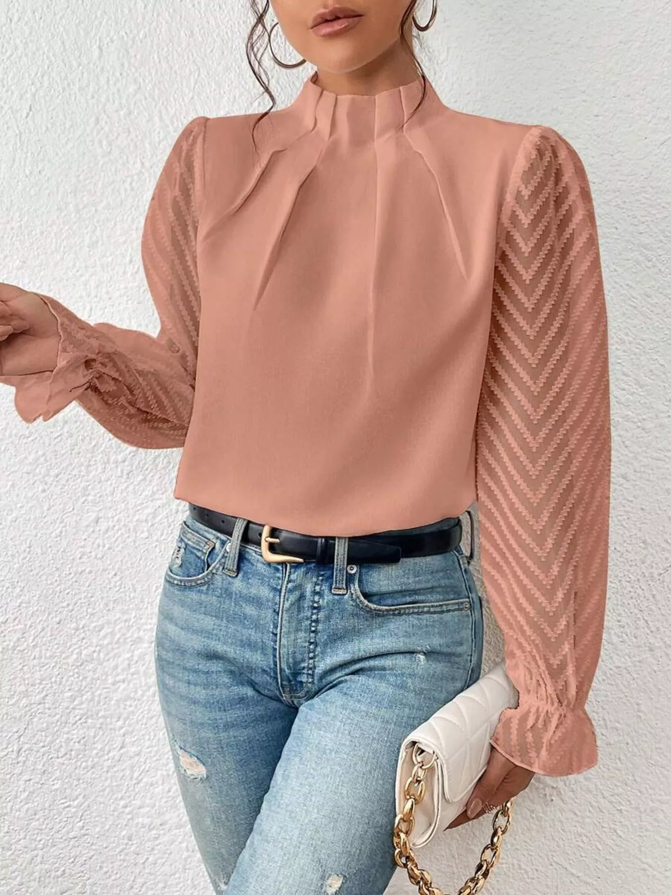Mock Neck Sheer Lace Sleeve Blouse - Image 18