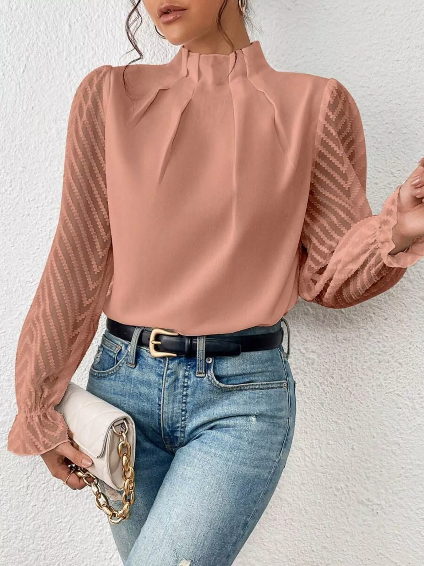 Mock Neck Sheer Lace Sleeve Blouse - Image 19