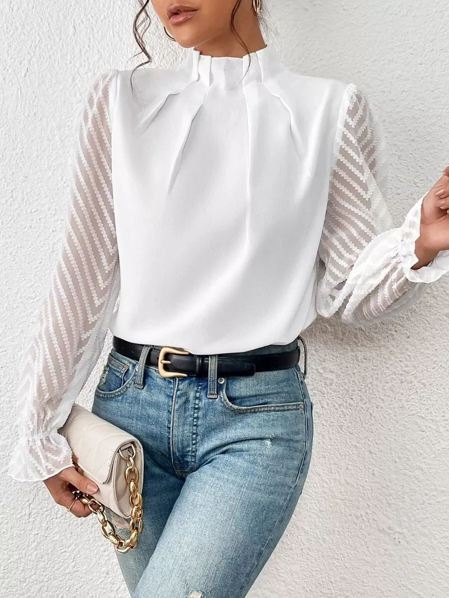 Mock Neck Sheer Lace Sleeve Blouse - Image 2