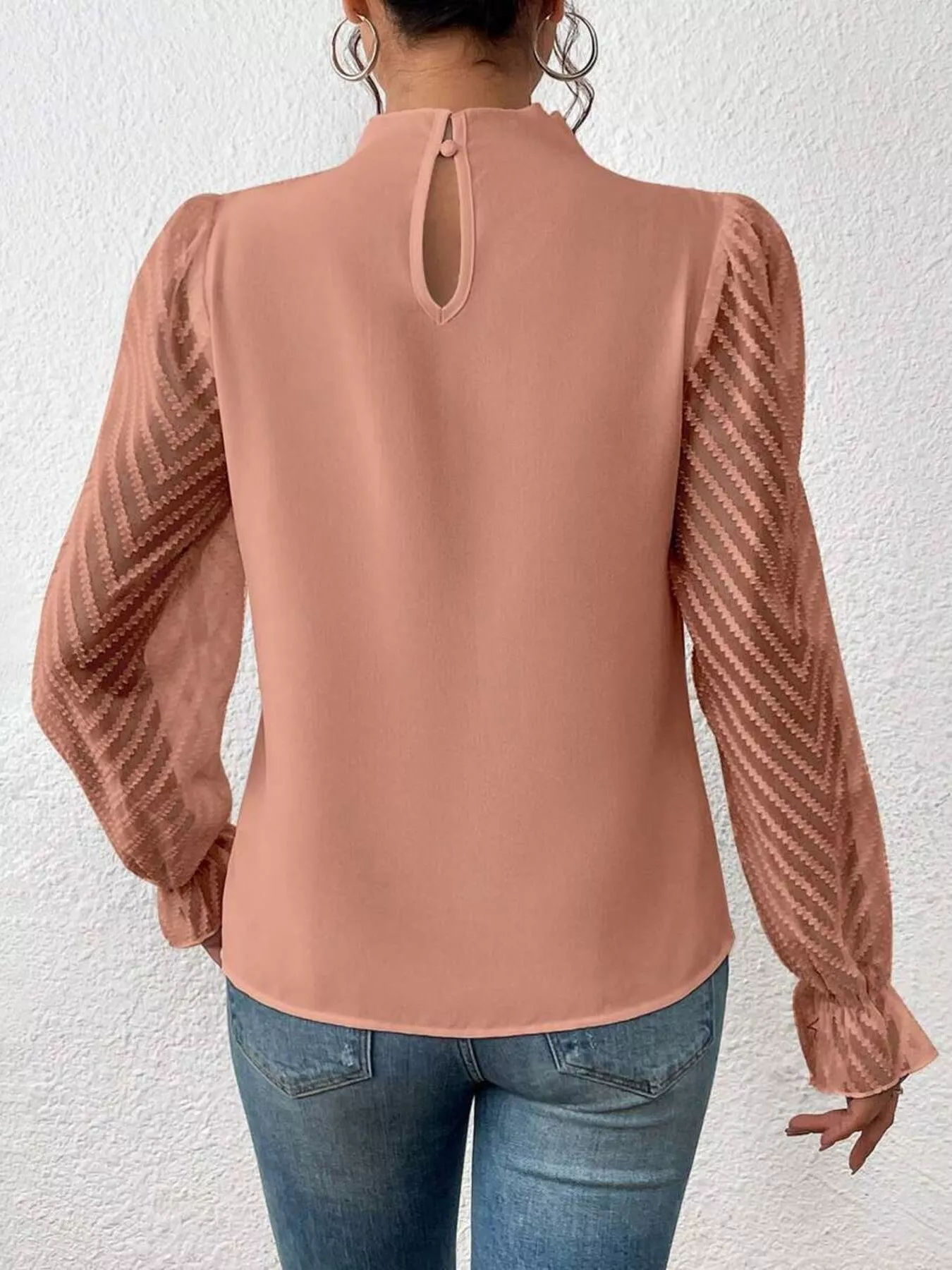 Mock Neck Sheer Lace Sleeve Blouse - Image 21