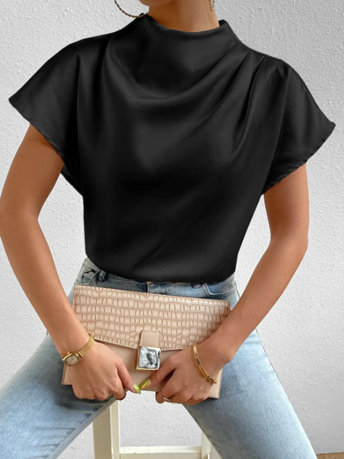 Mock Neck Short Sleeve Blouse - Image 17