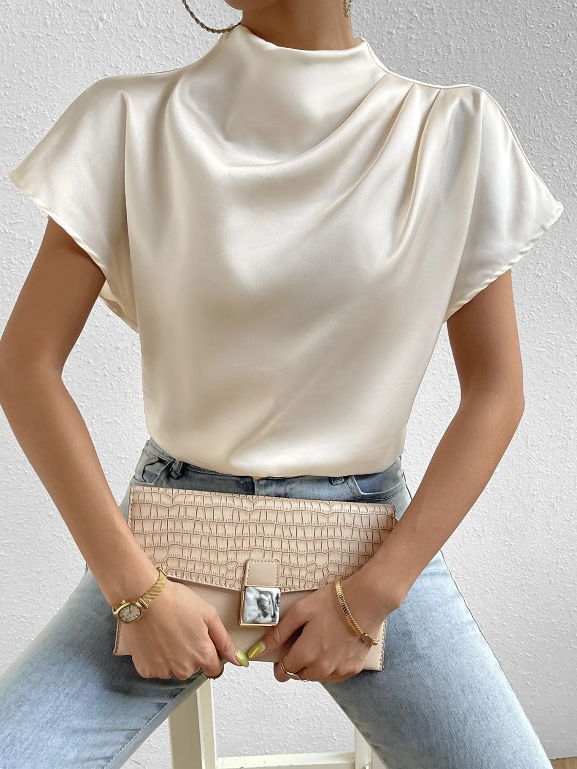 Mock Neck Short Sleeve Blouse - Image 8