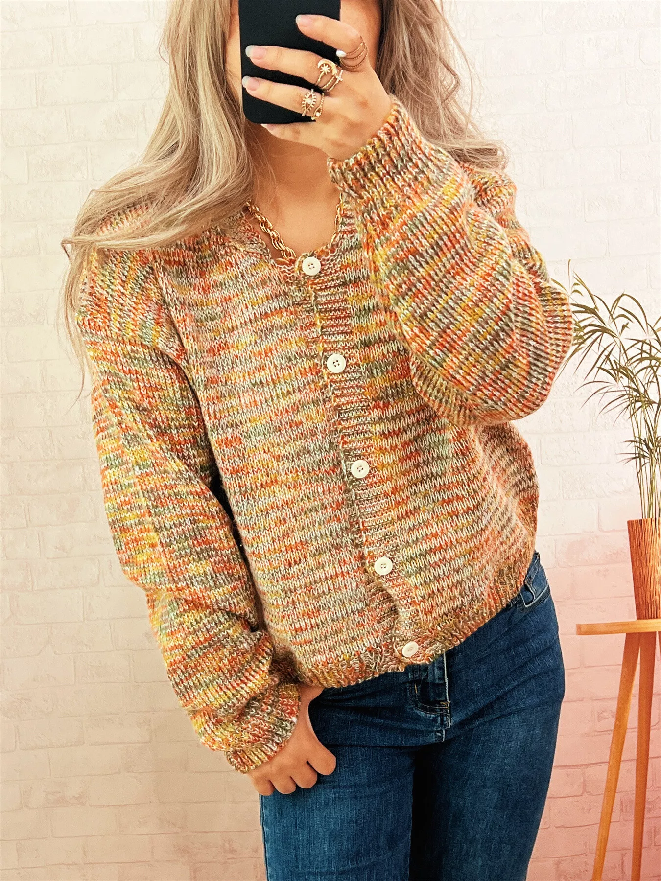 Multi-Colored Knit Button-Down Cardigan - Image 3