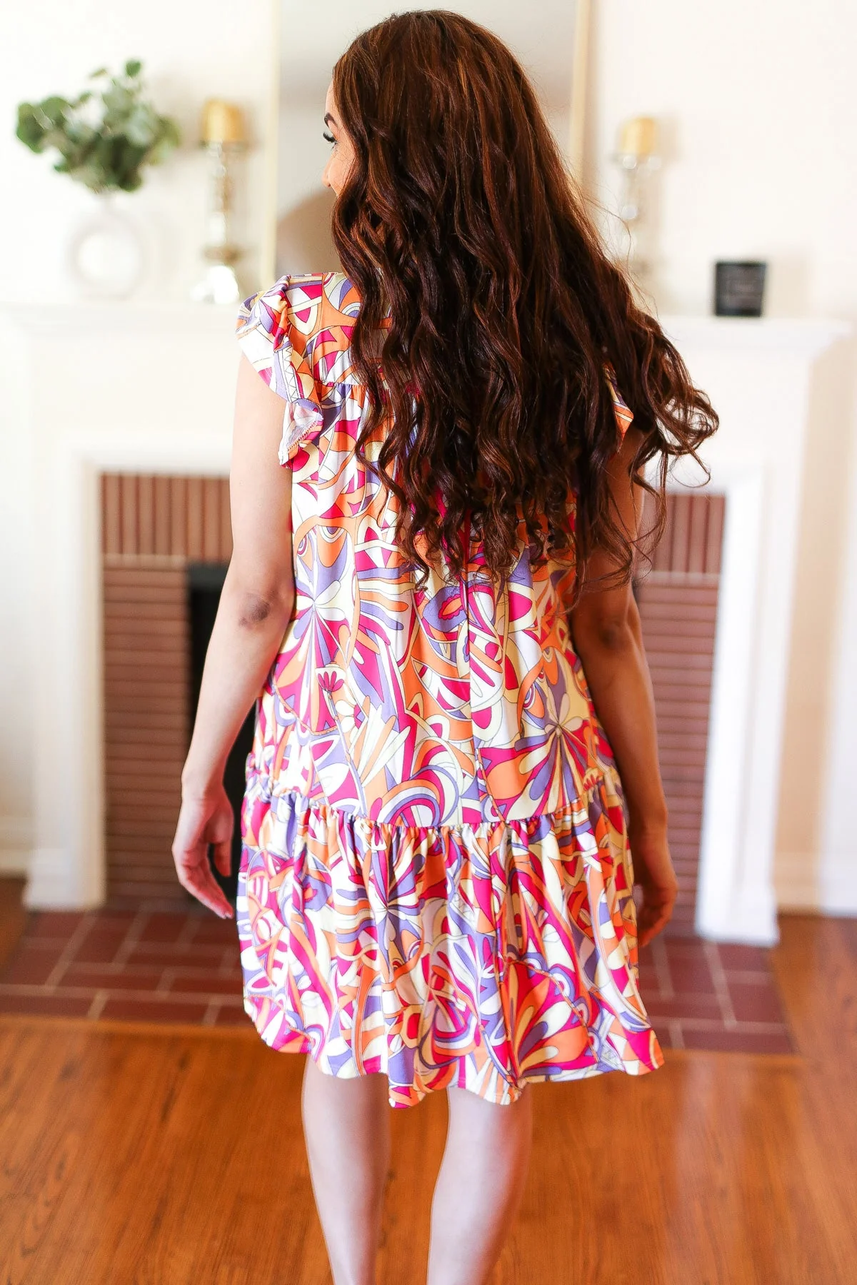 Multicolor Geometric Midi Flutter Sleeve Dress - Image 11