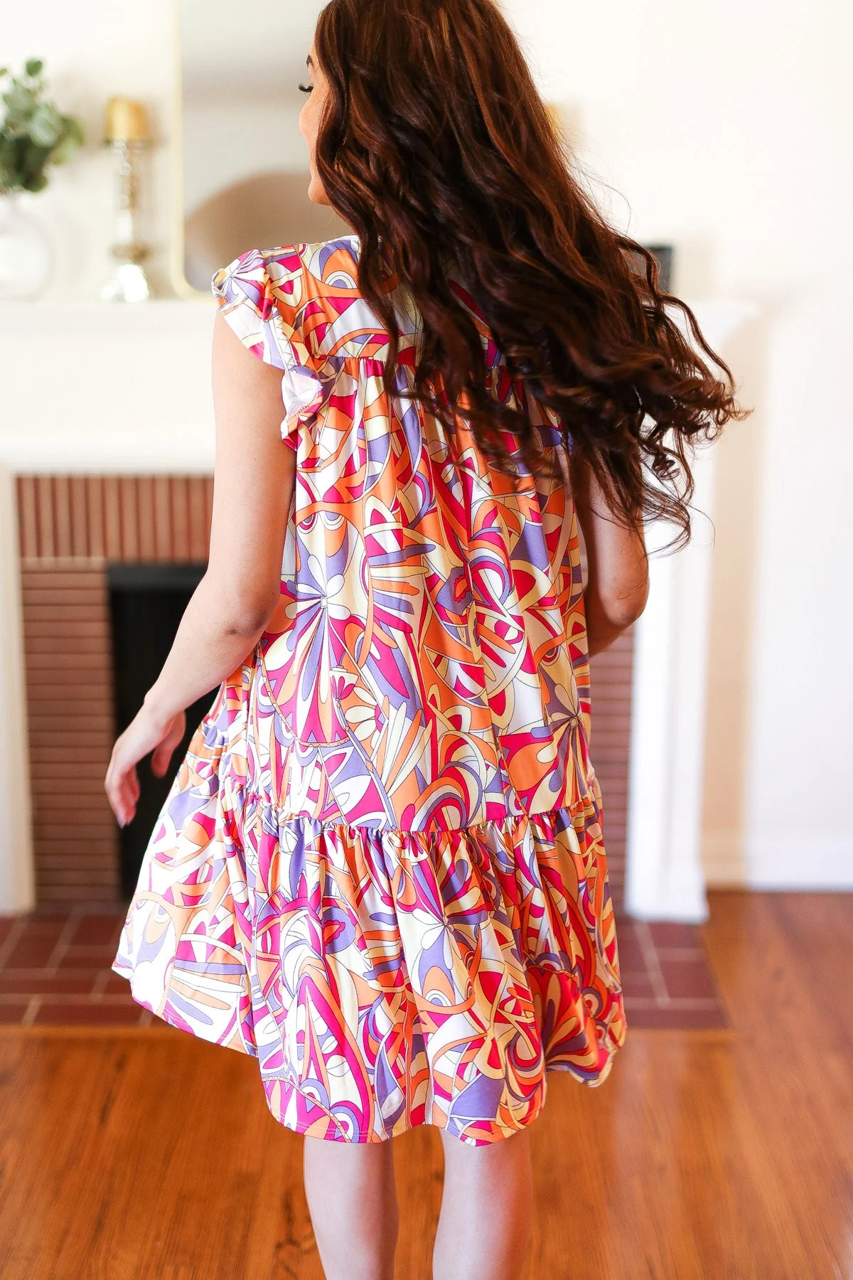 Multicolor Geometric Midi Flutter Sleeve Dress - Image 2