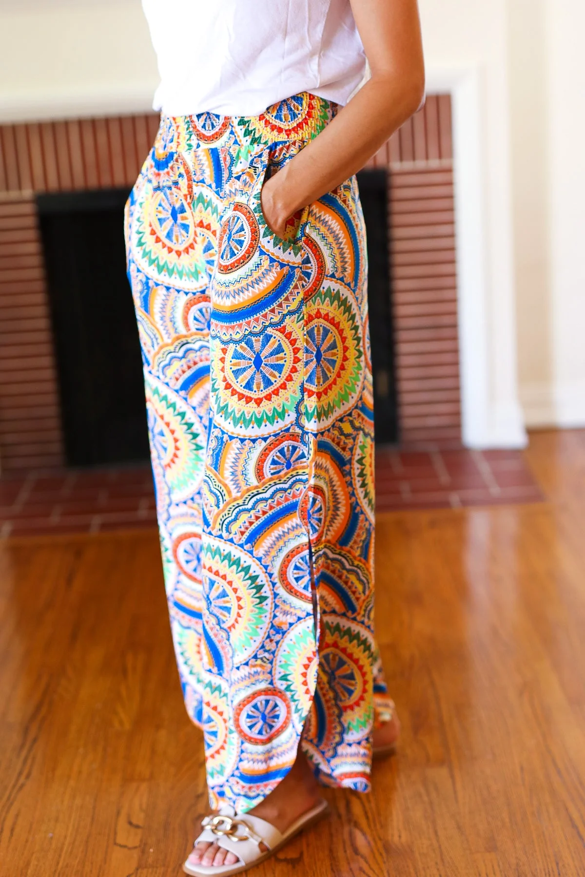 Multicolor Mandala Smocked Waist Side Slit Palazzo Pants - Image 10