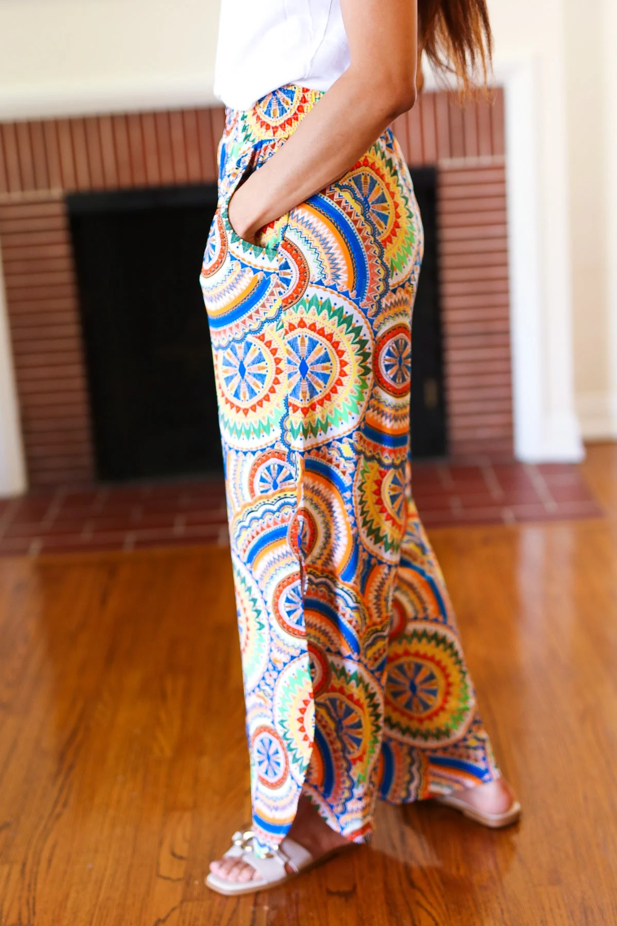 Multicolor Mandala Smocked Waist Side Slit Palazzo Pants - Image 9