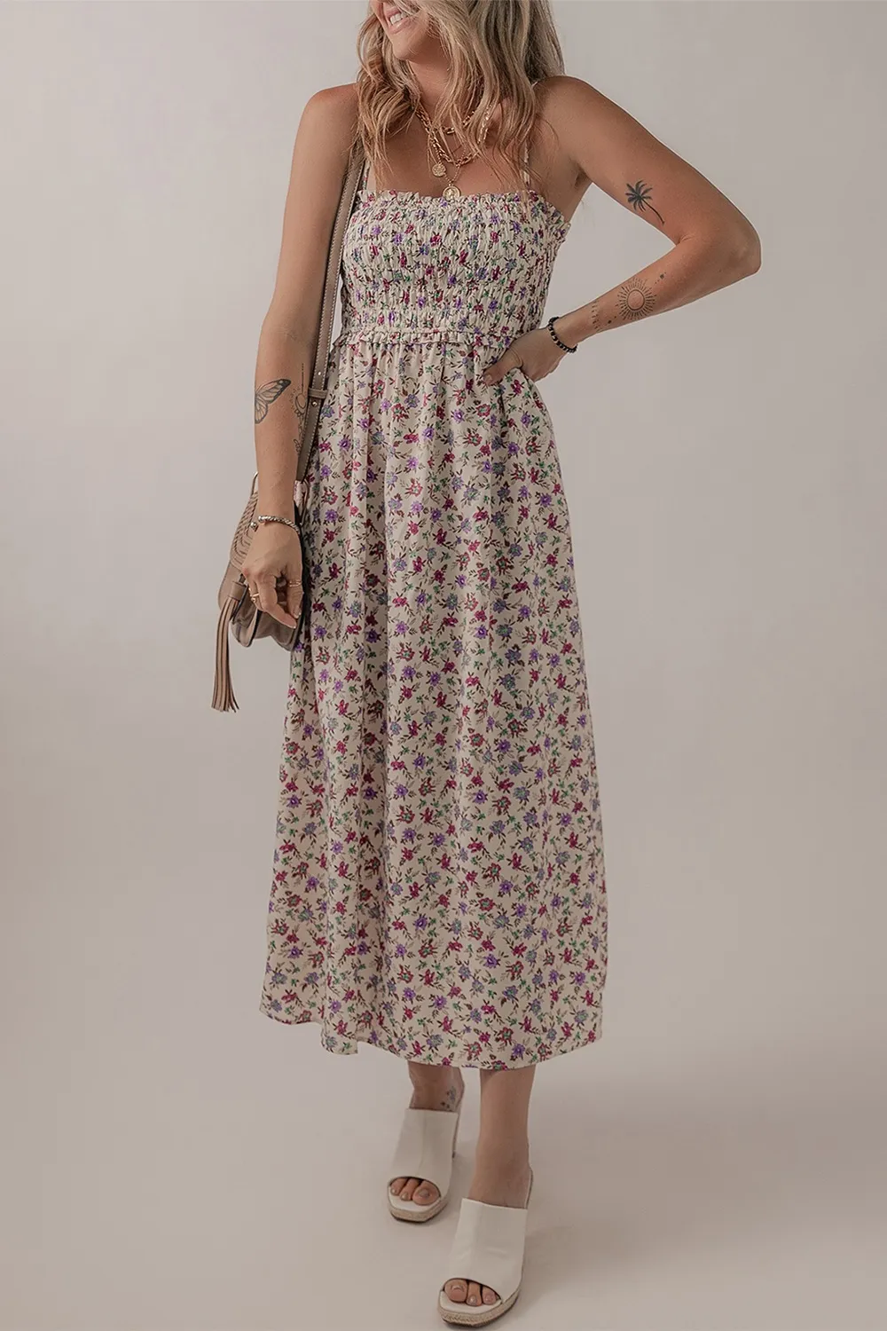 Multicolour Bohemian Ditsy Floral Smocked Fit Flare Sundress