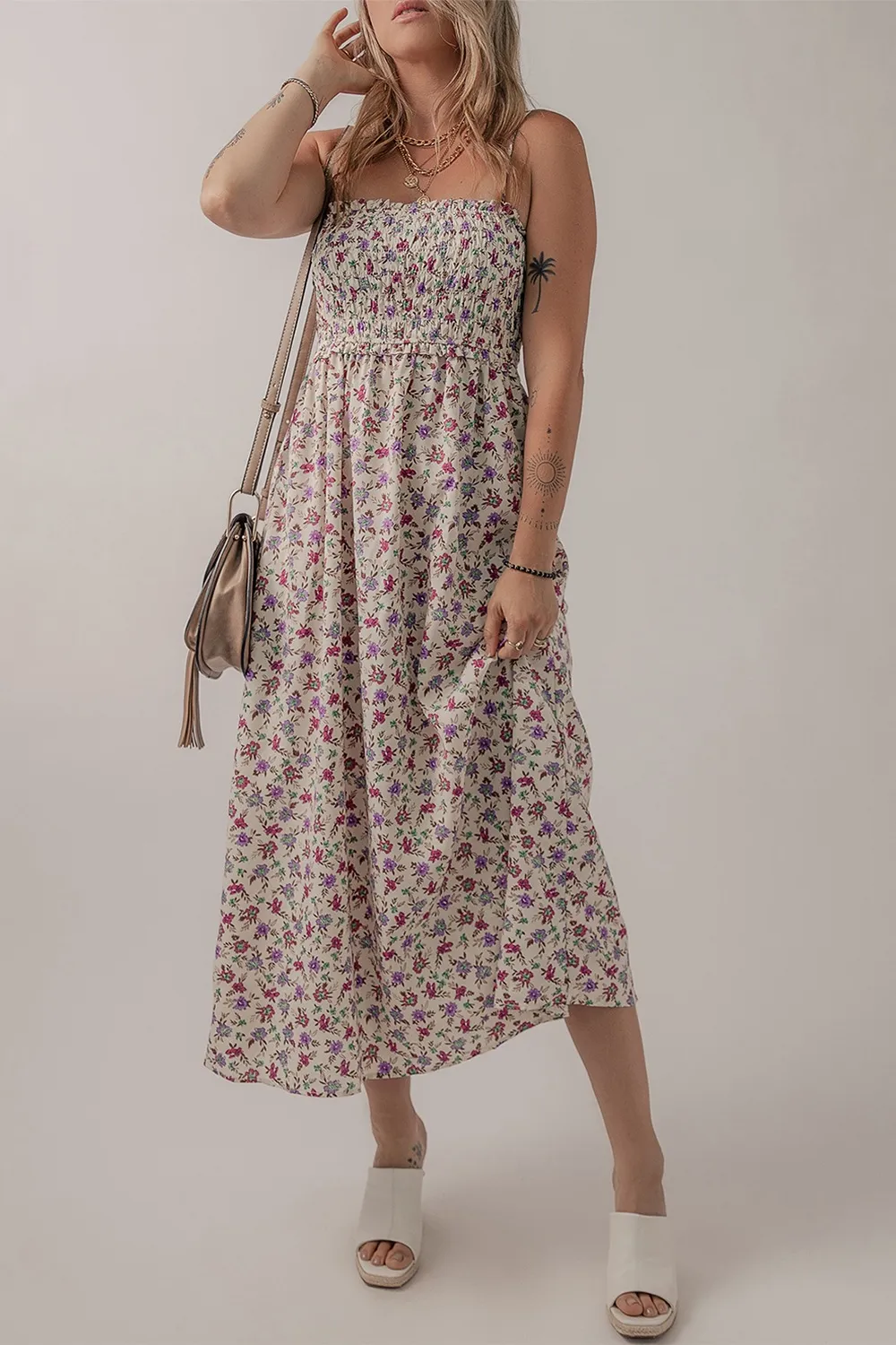 Multicolour Bohemian Ditsy Floral Smocked Fit Flare Sundress - Image 3